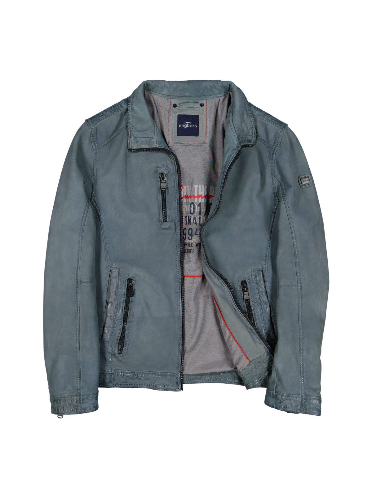 Lederjacke Herren Lederjacke mit langem Stehkragen, Hellblau