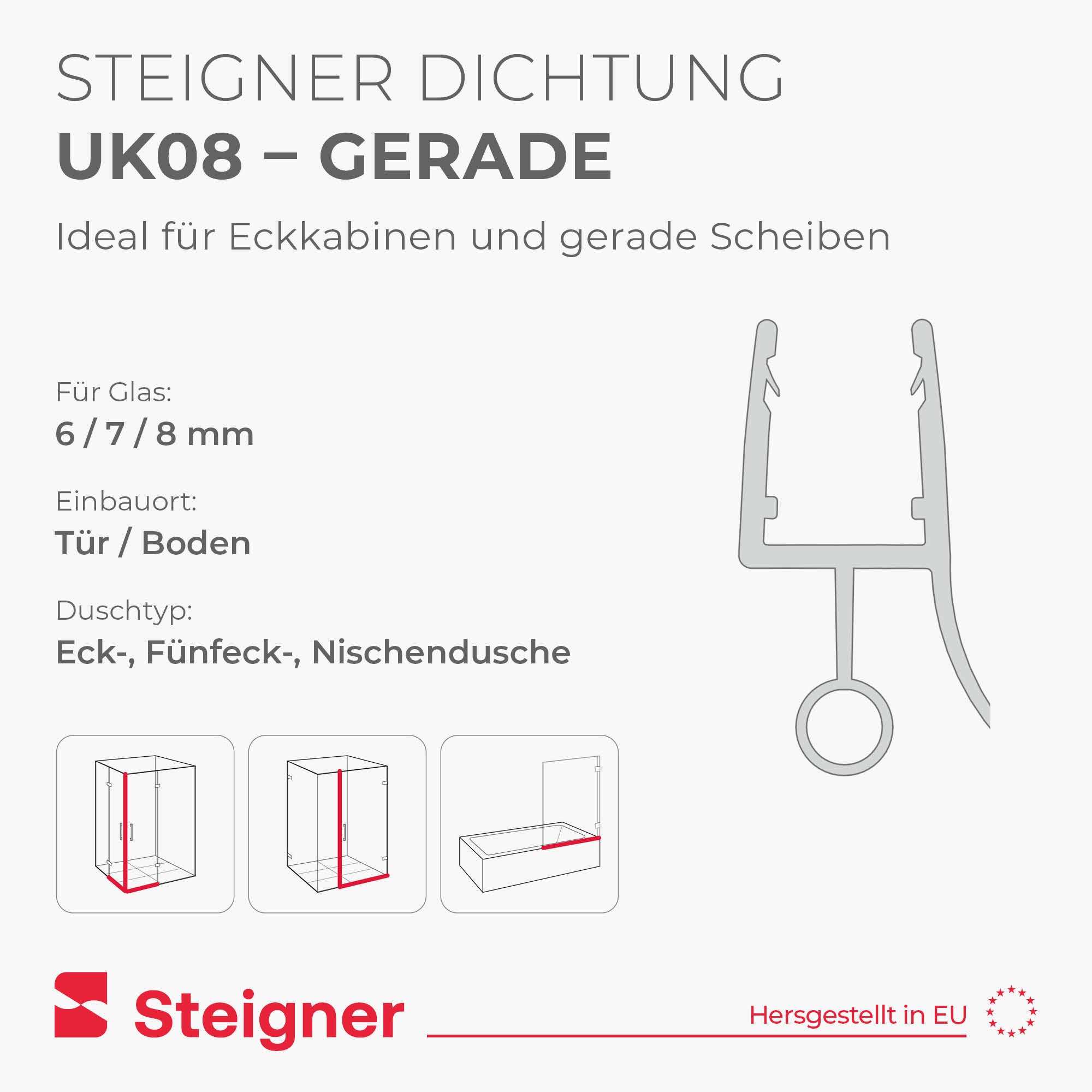 STEIGNER Duschdichtung Duschtürdichtung gerade UK08 30 cm (1 Stk) Transparent 6-8 mm, L: 30 cm, (1 Stück Packung, Einzeldichtung), Dichtungfür Eckeinstieg Dusch – Bild 2 von 5