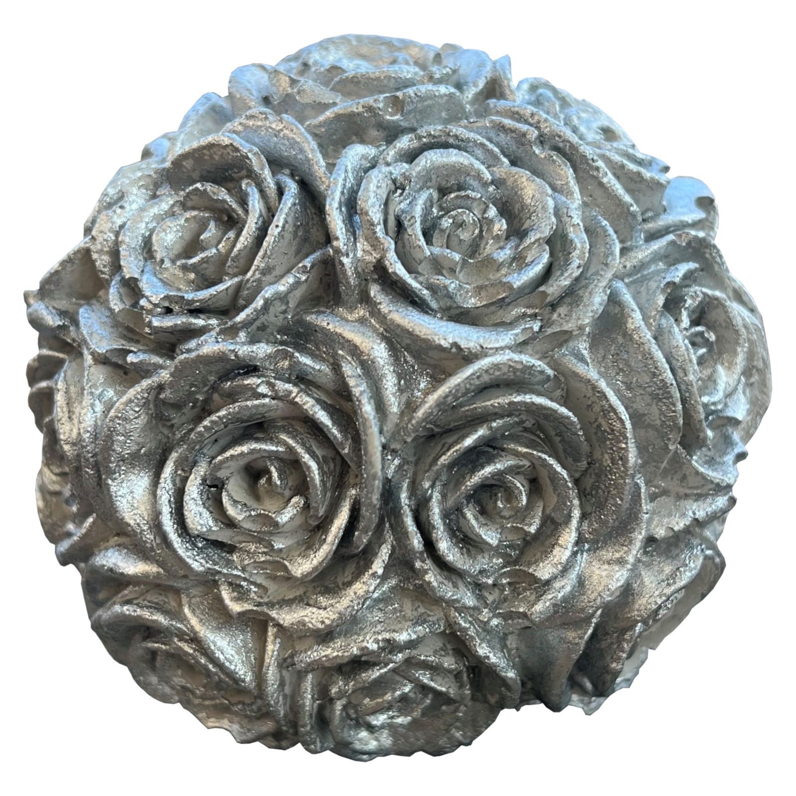ZGM Gartenfigur Beton Rosenkugel mit silberner Patina, eine ganz besondere Dekoration