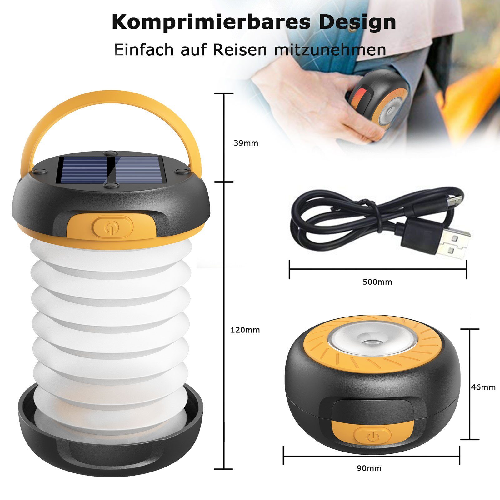 Gelb Notfall Lademethoden LED 3 Camping Solar Elegear Faltbare (Solar/USB), für Solarleuchte Zelt Angeln, mit Camping, Laterne, Taschenlampe, Campinglampe, Tragbare Lichtmodi, 2 Lampe