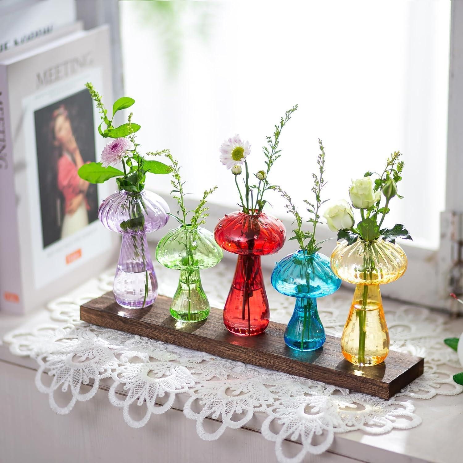 LuxusKollektion Tischvase Pilzmotiv Glasvase 5er Set bunt - Blumenvasen modern & klein