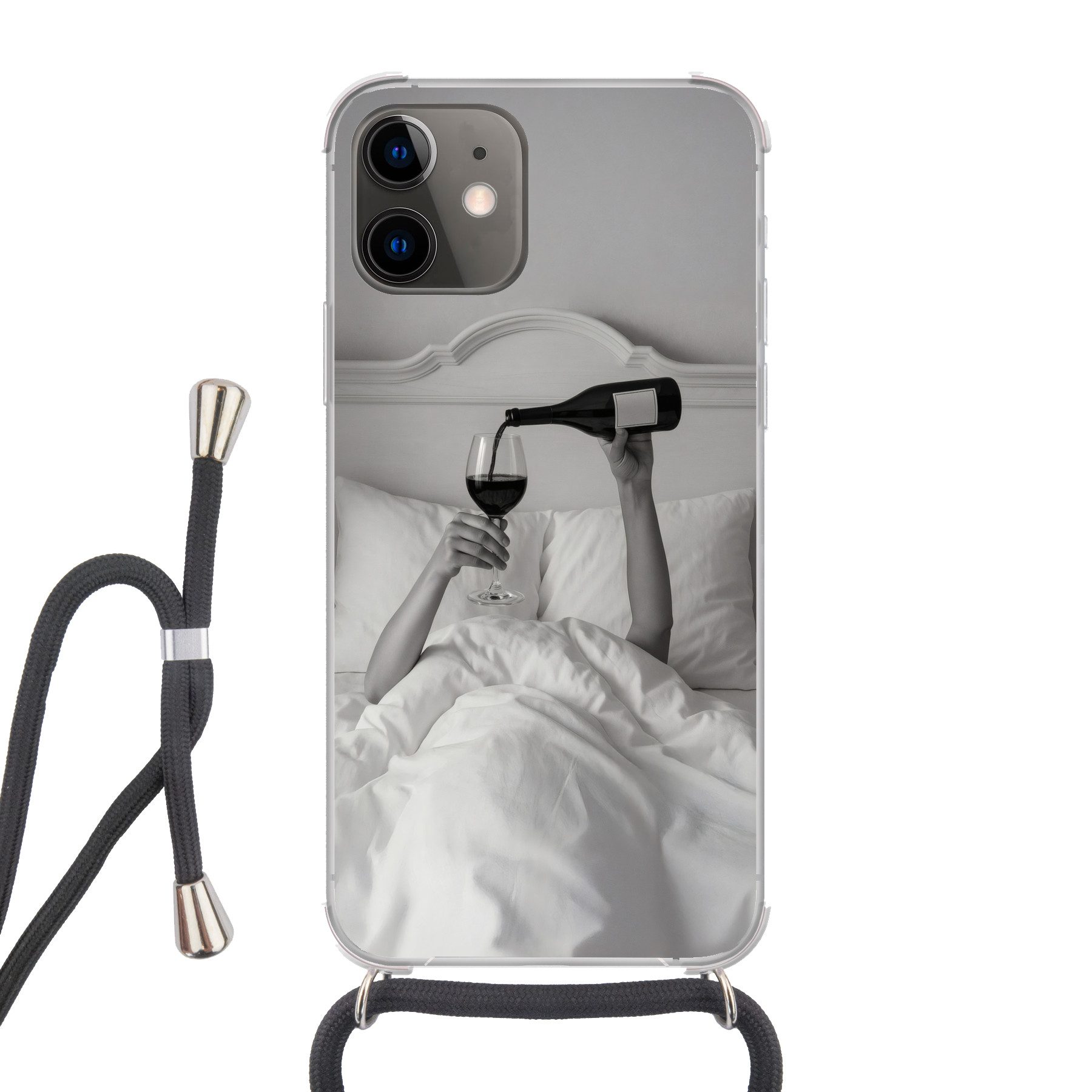 MuchoWow Handyhülle für Apple iPhone 12 Mini Laken - Arme - Wein - Glas, Tragbare Handyhüllen mit Kette zum umhängen, Handykette Handyband