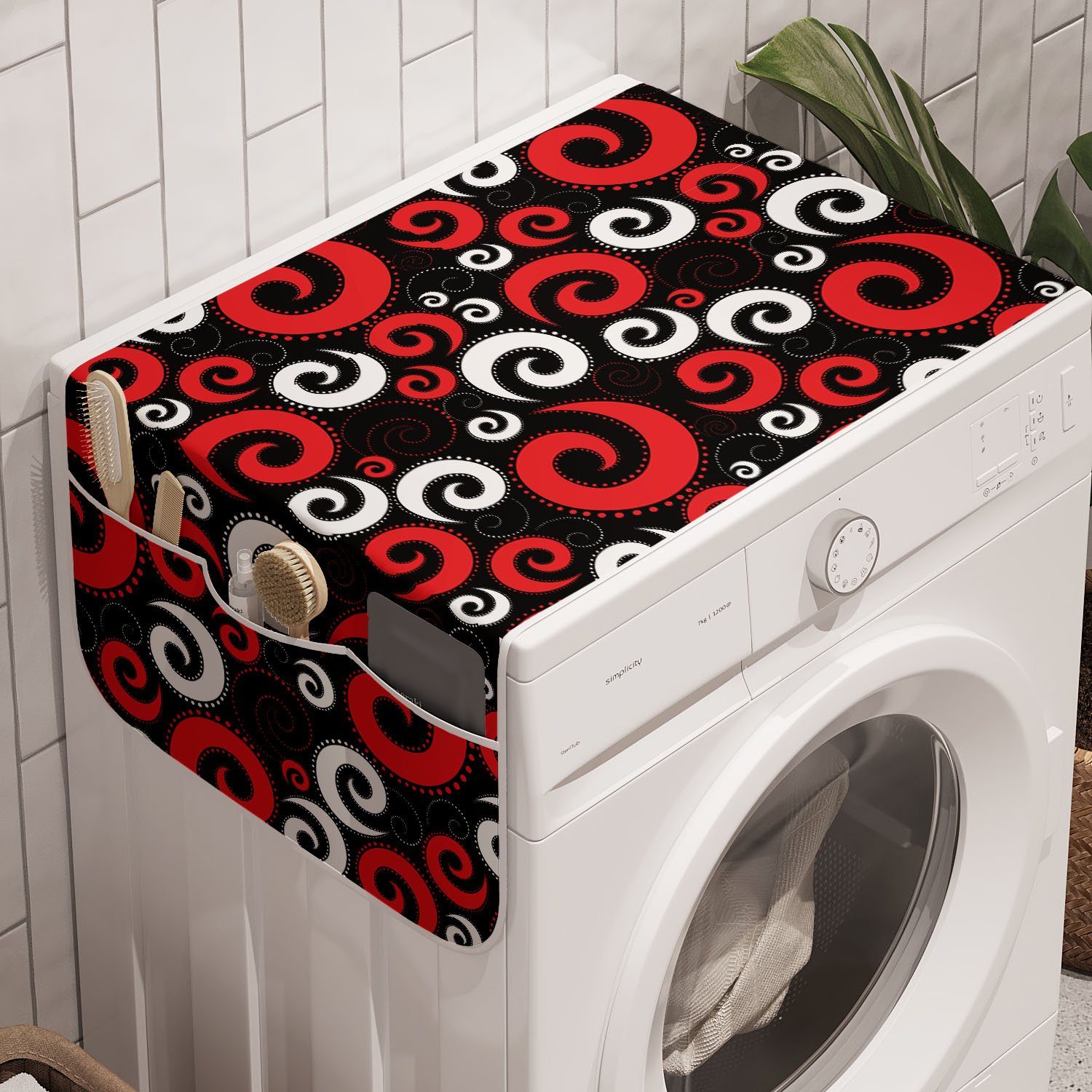 Abakuhaus Badorganizer Anti-Rutsch-Stoffabdeckung für Waschmaschine und Trockner, Rot und Schwarz Spiralen und Punkte