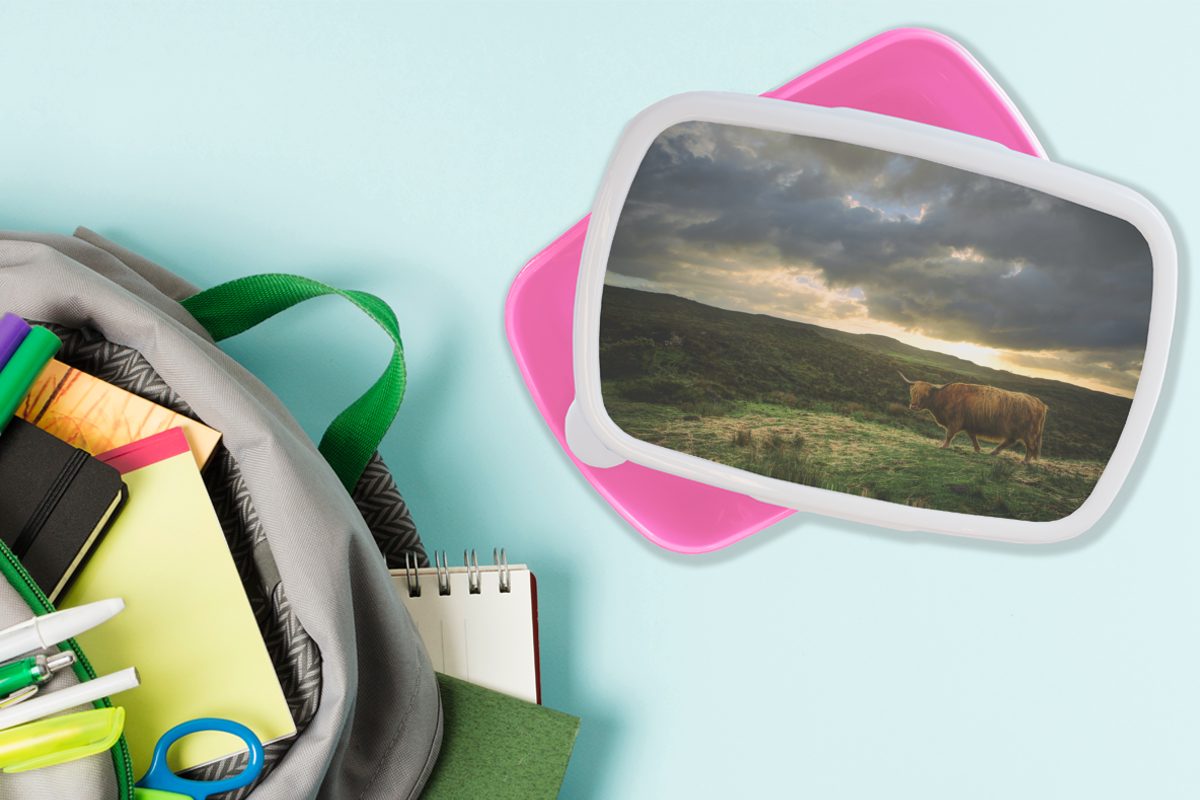 Mädchen, Snackbox, Landschaft (2-tlg), Brotbox für Schottischer - rosa Lunchbox Hochländer Kunststoff - Brotdose Kinder, Kuh, Erwachsene, Kunststoff, MuchoWow