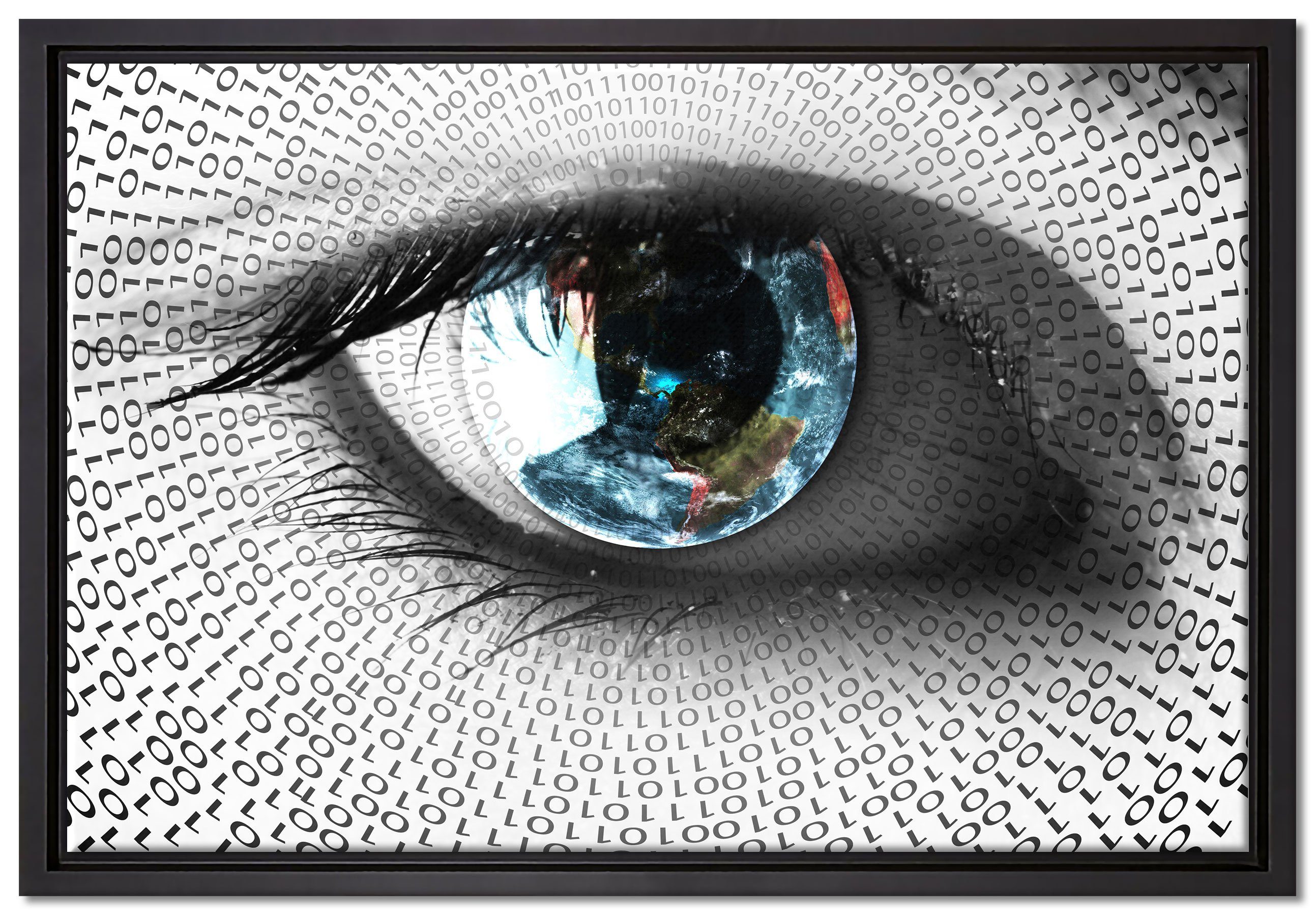 Pixxprint Leinwandbild Auge mit binärem Code, Wanddekoration (1 St), Leinwandbild fertig bespannt, in einem Schattenfugen-Bilderrahmen gefasst, inkl. Zackenaufhänger