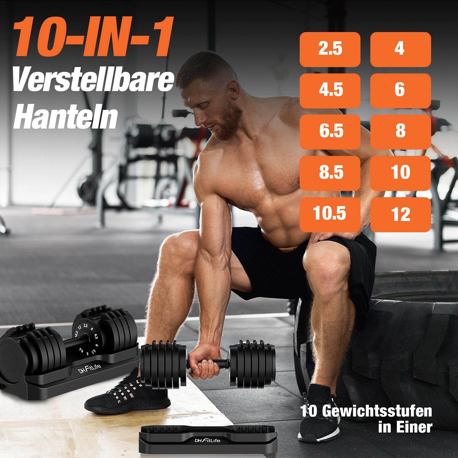 DH FitLife Hantel verstellbare 12kg/25kg mit 10 Gewichtsstufen, (2,5-12kg), Kurzhanteln Hanteln Set mit Hantelscheiben – Bild 2 von 5
