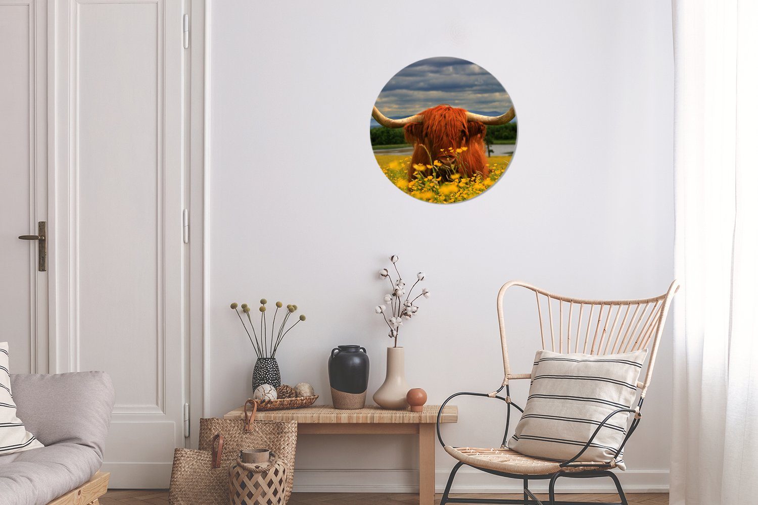 Blumen, - Wanddekoration - Kreis St), Rundes Wohnzimmer, (1 Tiere Gemälde MuchoWow 30x30 Highlander cm Wandbild, Forex, Schottischer
