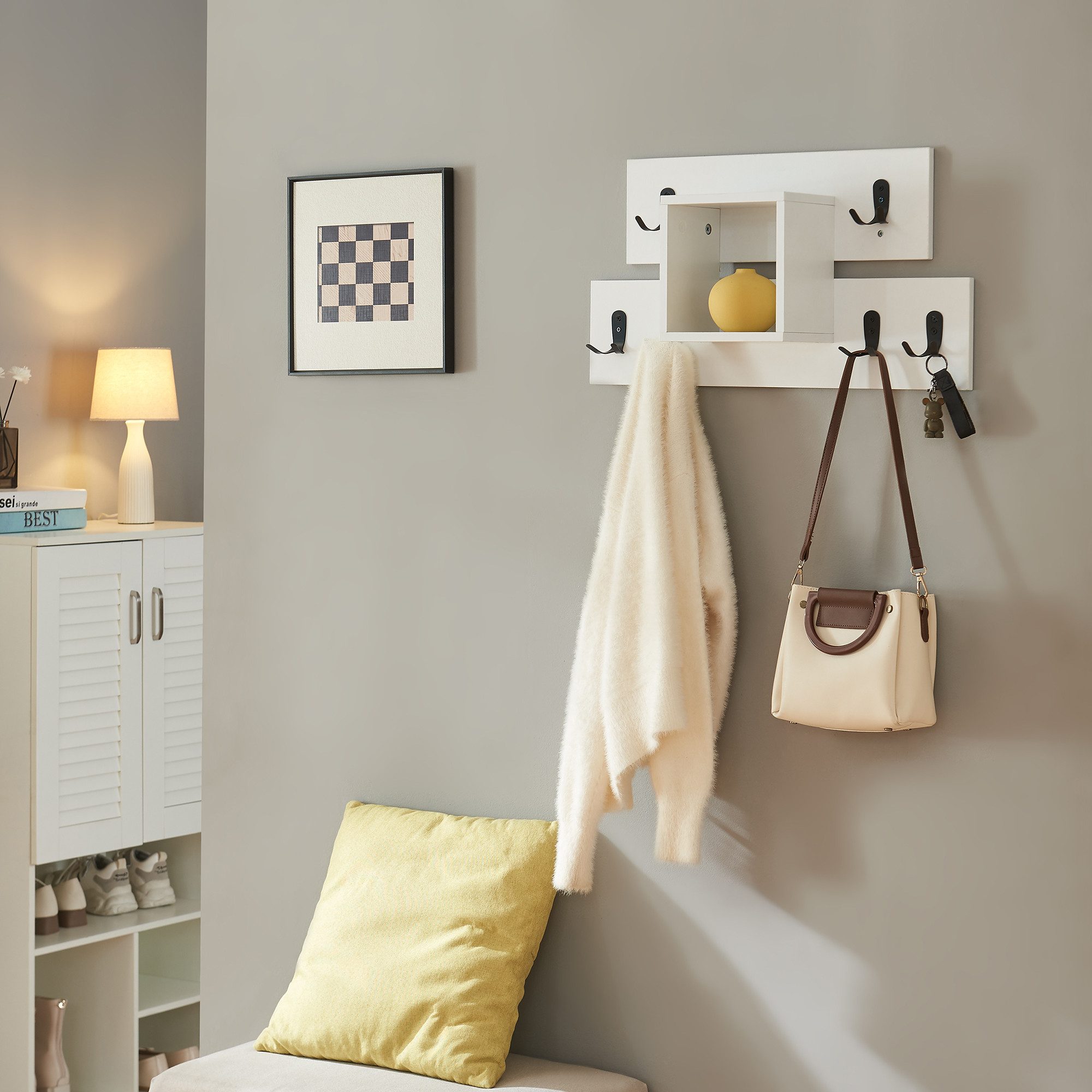 en.casa Wandgarderobe, »Vänd« mit Ablagefach 6 Doppel-Haken 32 x 60 x 14 cm Weiß