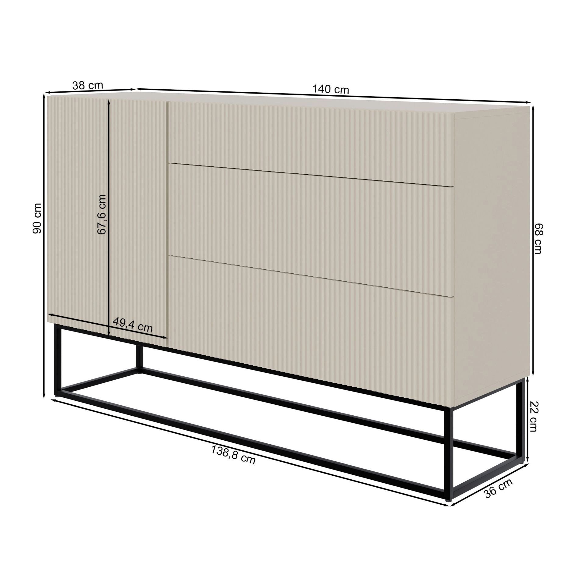 Selsey Sideboard VELDIO, 1-türig mit 3 Schubladen, greige mit schwarzem Gestell, 140 cm
