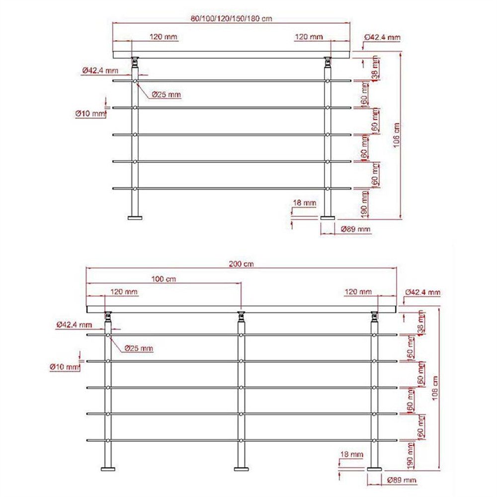 AICA Treppengeländer Edelstahl Material Handläufe 3/5 guardrails Treppe Geländer, 80 cm Länge, 106 cm Höhe, Set, 5-tlg., 201 Edelstahl – Bild 3 von 5