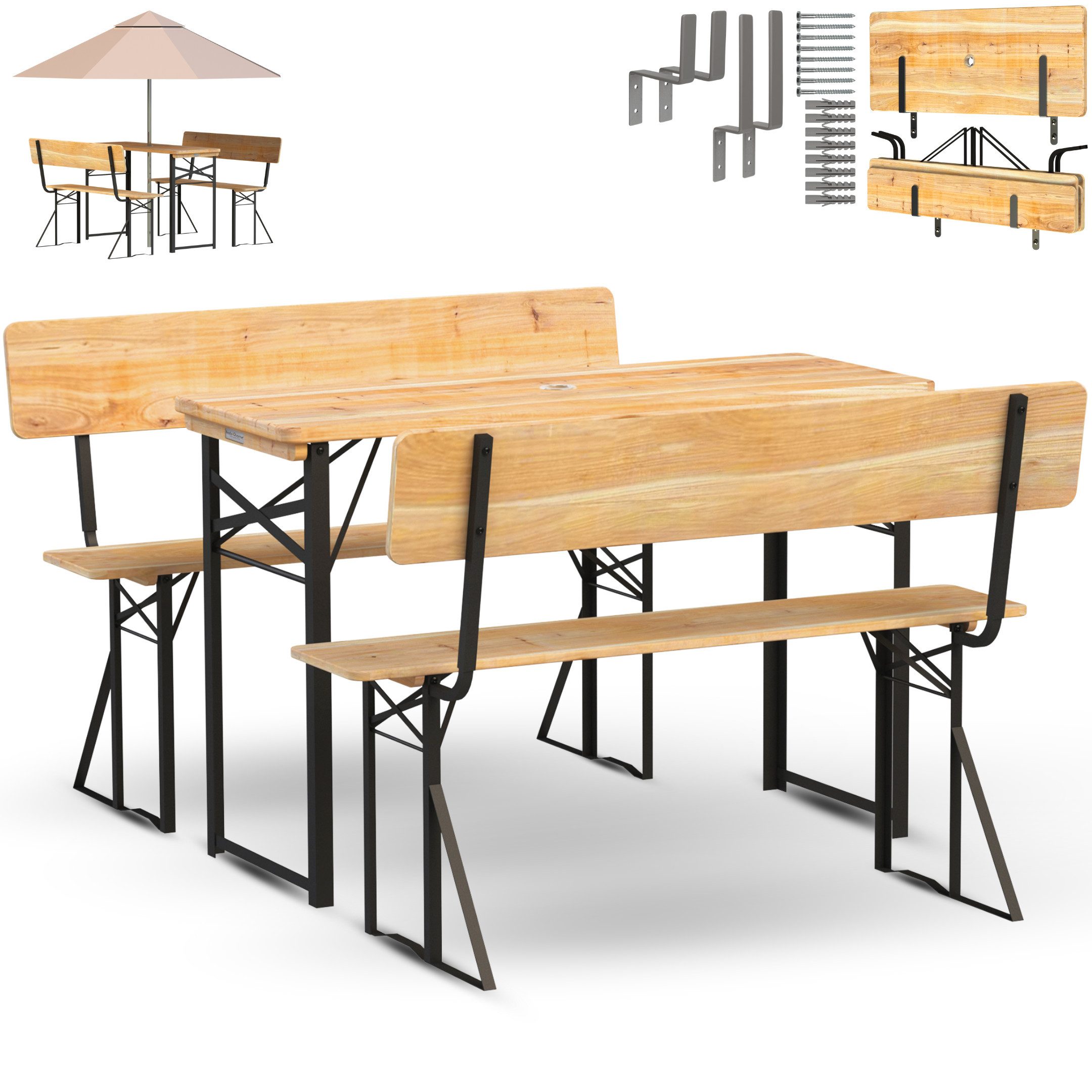 holz4home® Bierzeltgarnitur 3-teilig I Festzeltgarnitur aus Holz und Metall, Klappbar