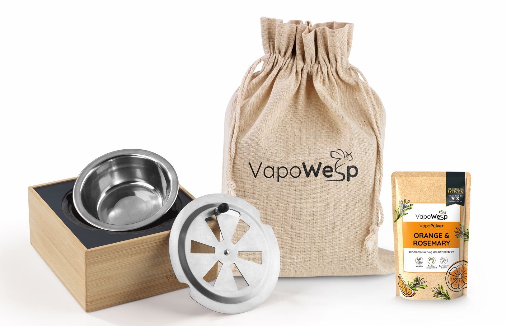 VapoWesp Wespennestattrappe VapoWesp Räucherbox inkl. VapoPulver Orange & Rosemary 50 g
