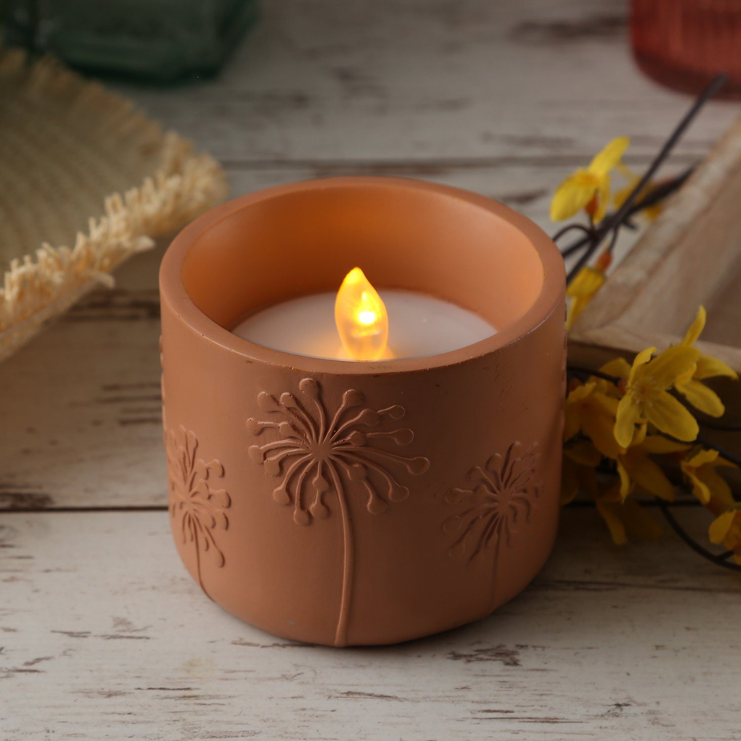 MARELIDA LED-Kerze LED Solar Windlicht Pusteblume Blumenmuster flackernd terracotta, LED Classic, amber