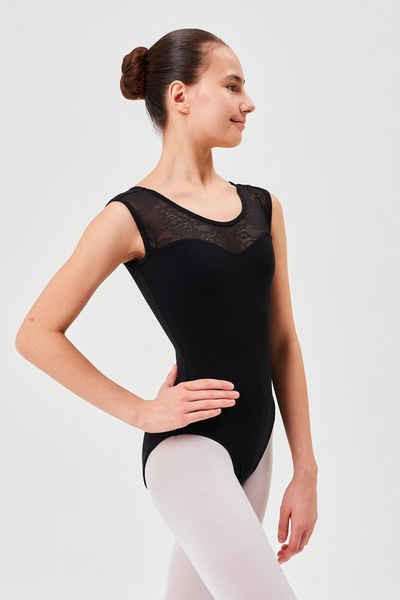 tanzmuster Body Ballett Trikot Cora mit Spitzeneinsatz ärmelloser Ballettbody aus weichem Baumwollmischgewebe