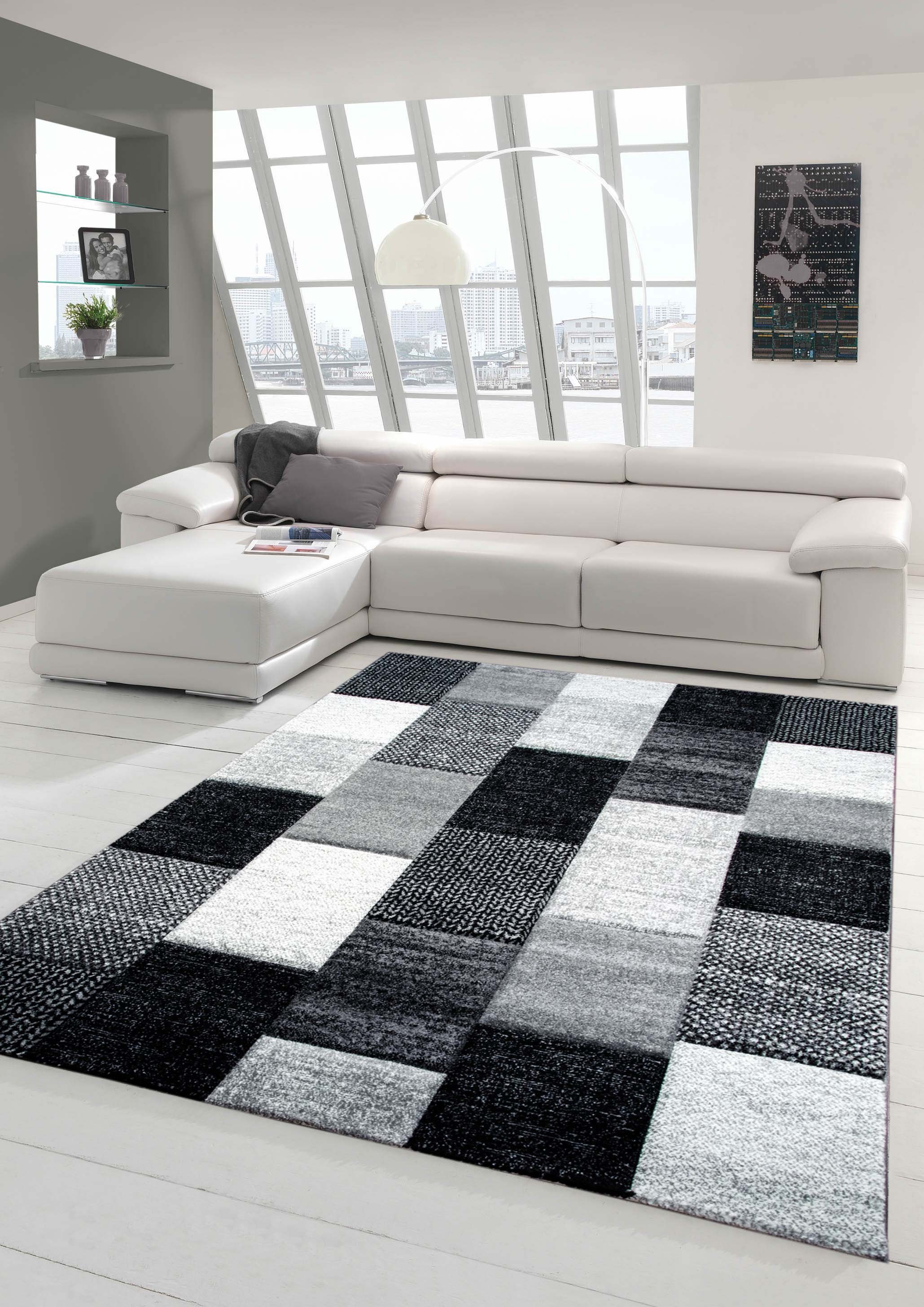 Teppich Designer Teppich Moderner Teppich Wohnzimmer Teppich Kurzflor  Teppich mit Konturenschnitt Karo Muster Grau Weiß Schwarz, Teppich-Traum,  rechteckig, Höhe: 13 mm, Schöne Teppiche passend für Wohnzimmer,  Schlafzimmer, Flur & Diele