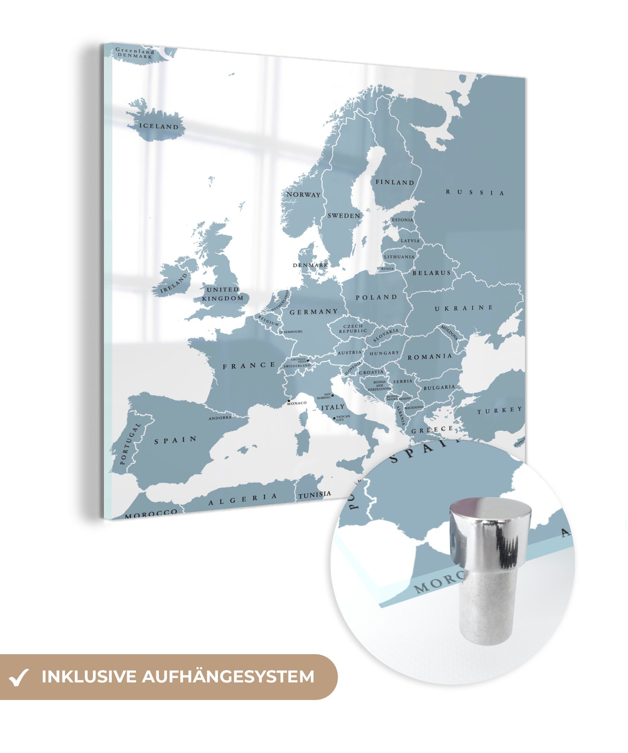 MuchoWow Acrylglasbild Karte - Europa - Grau, (1 St), Glasbilder - Bilder auf Glas Wandbild - Foto auf Glas - Wanddekoration
