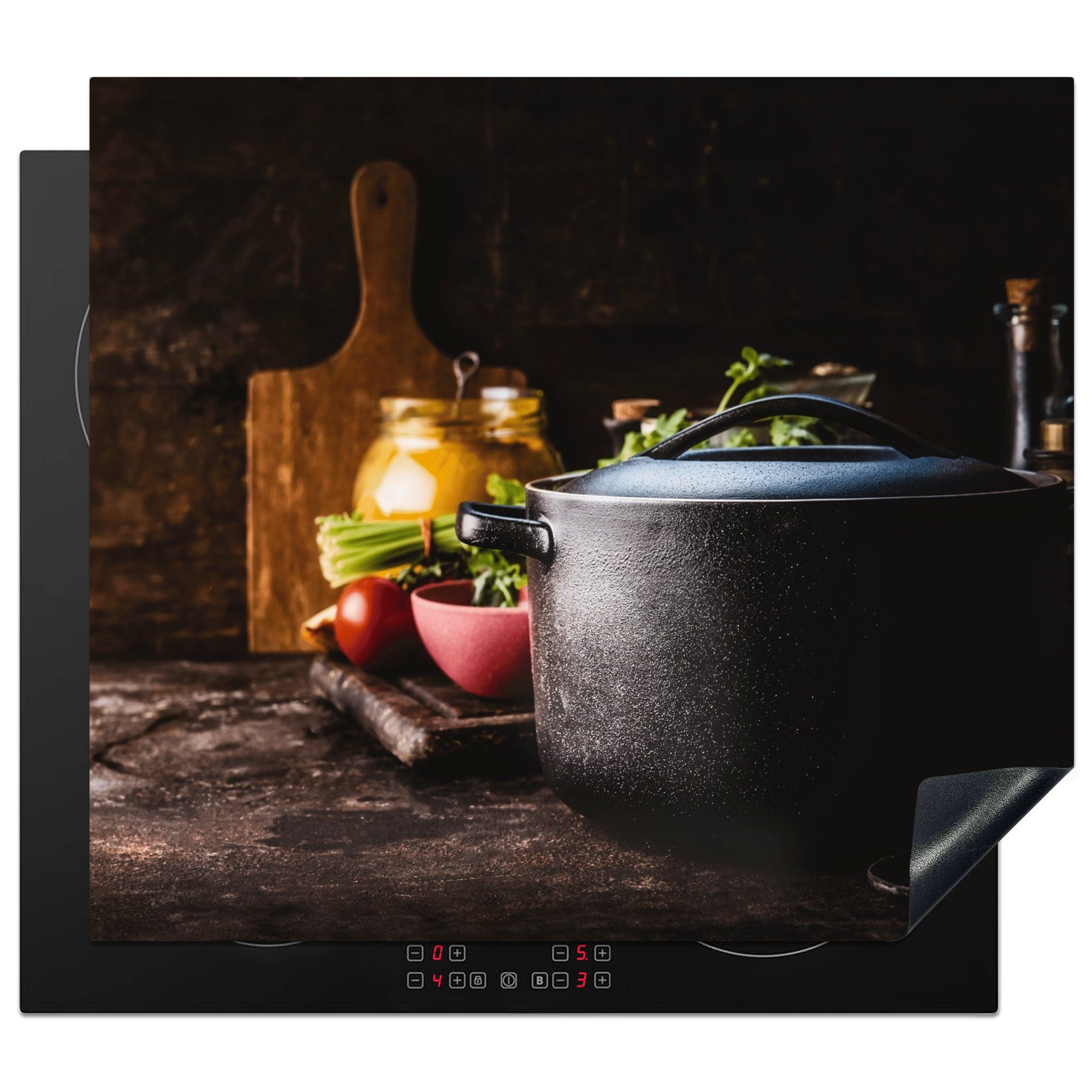 MuchoWow Herd-Abdeckplatte Rustikal - Stilleben - Pfanne - Gemüse, Vinyl, (1 tlg), Abdeckplatte für Ceranfeld, Herd Inductionsmatte, 57.6x51.6 cm