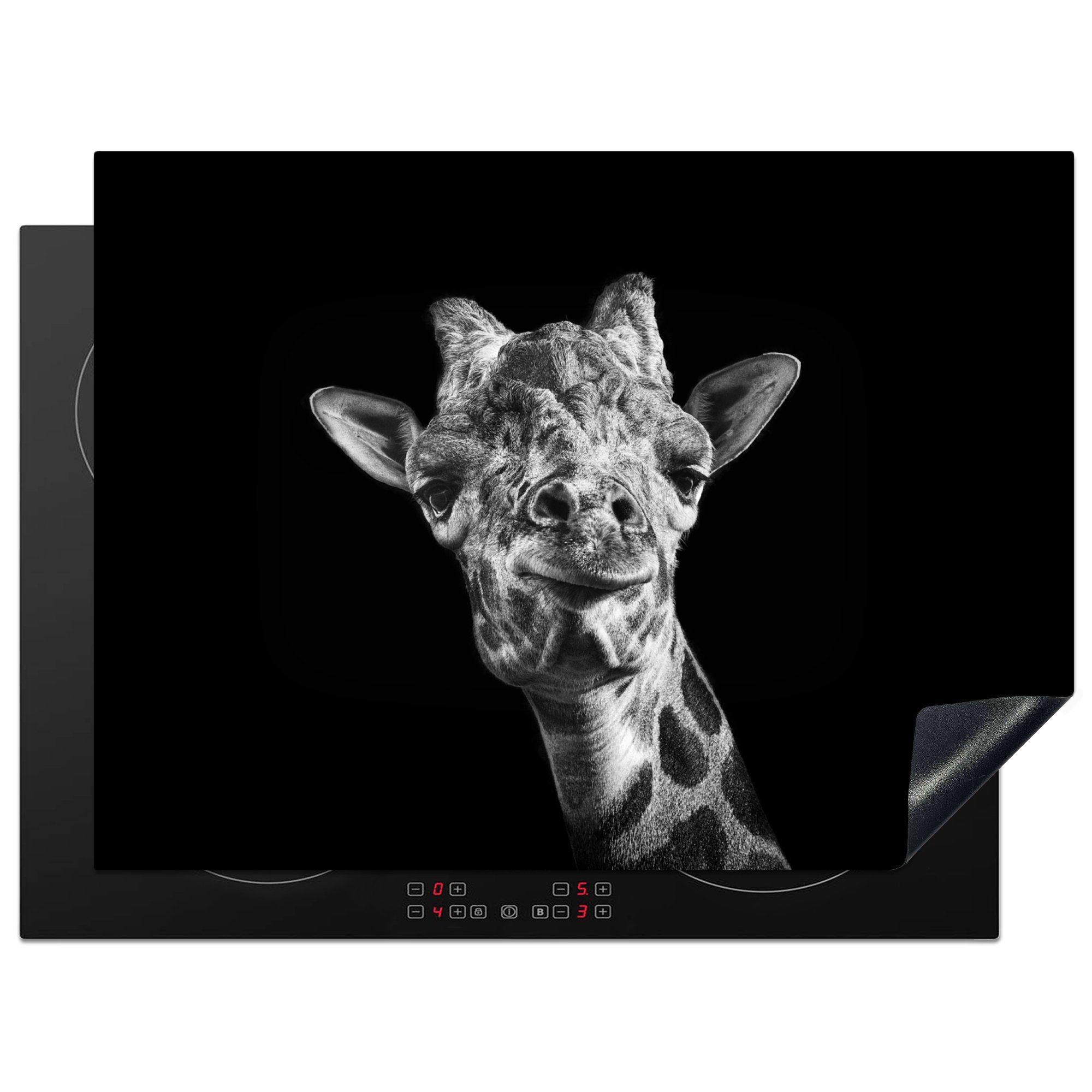 Arbeitsfläche Giraffe nutzbar, 70x52 schwarzem Ceranfeldabdeckung abgebildet, Mobile Vinyl, tlg), schwarz-weiß MuchoWow (1 auf in Herdblende-/Abdeckplatte Hintergrund cm,