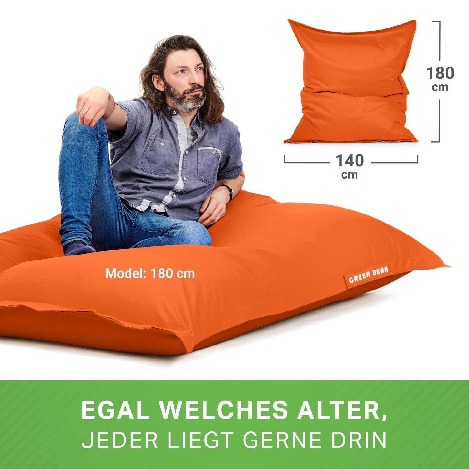 Green Bean Sitzsack XXL Outdoor Sitzsack Square 140x180cm (XXL Riesensitzsack 140x180cm 380 Liter Kinder & Erwachsene Bean Bag EPS Perlen Füllung, Groß Draußen  – Bild 5 von 5