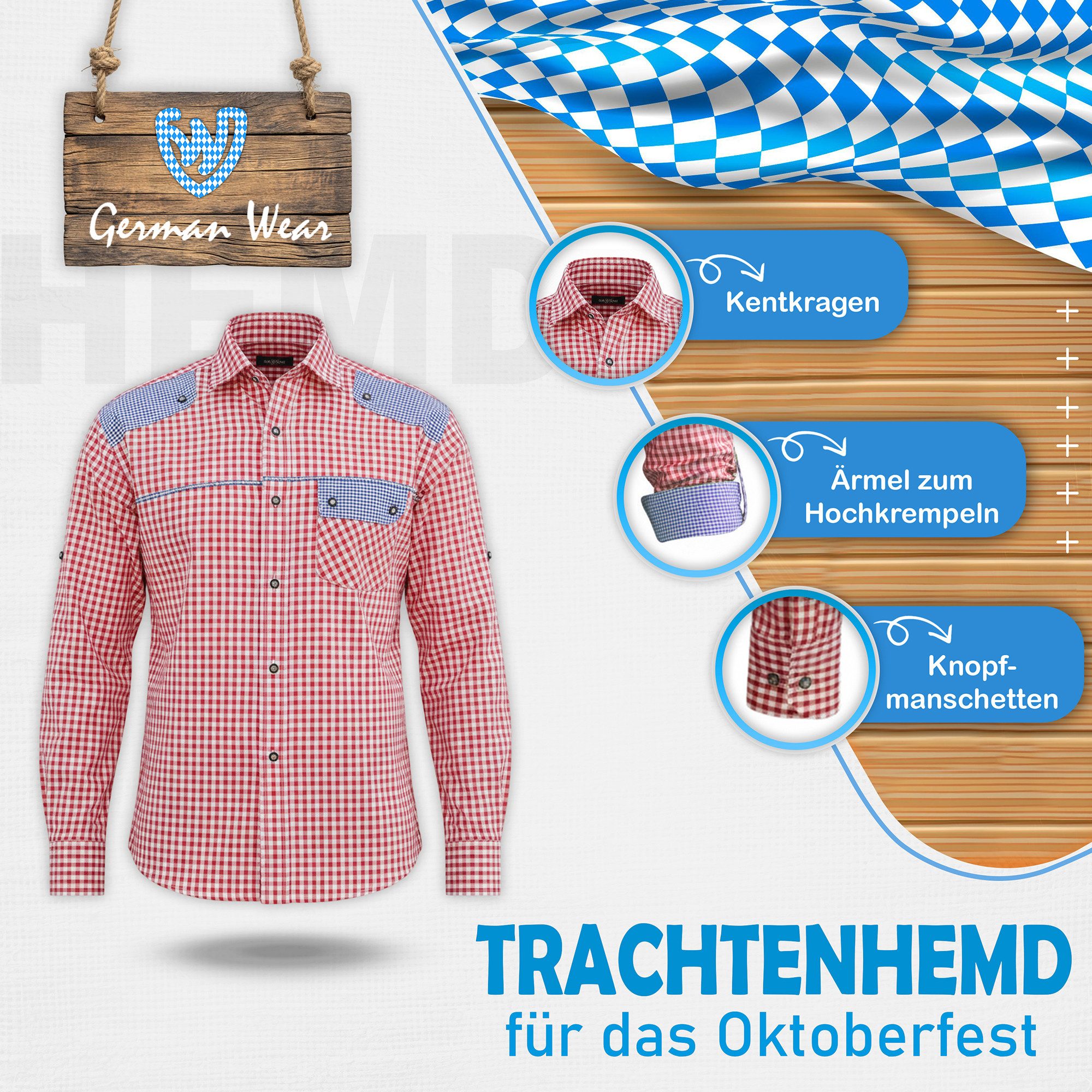 German Wear Trachtenhemd GW1243 Red Karo Trachtenhemd kariert Hemd für Trachtenlederhosen – Bild 4 von 5