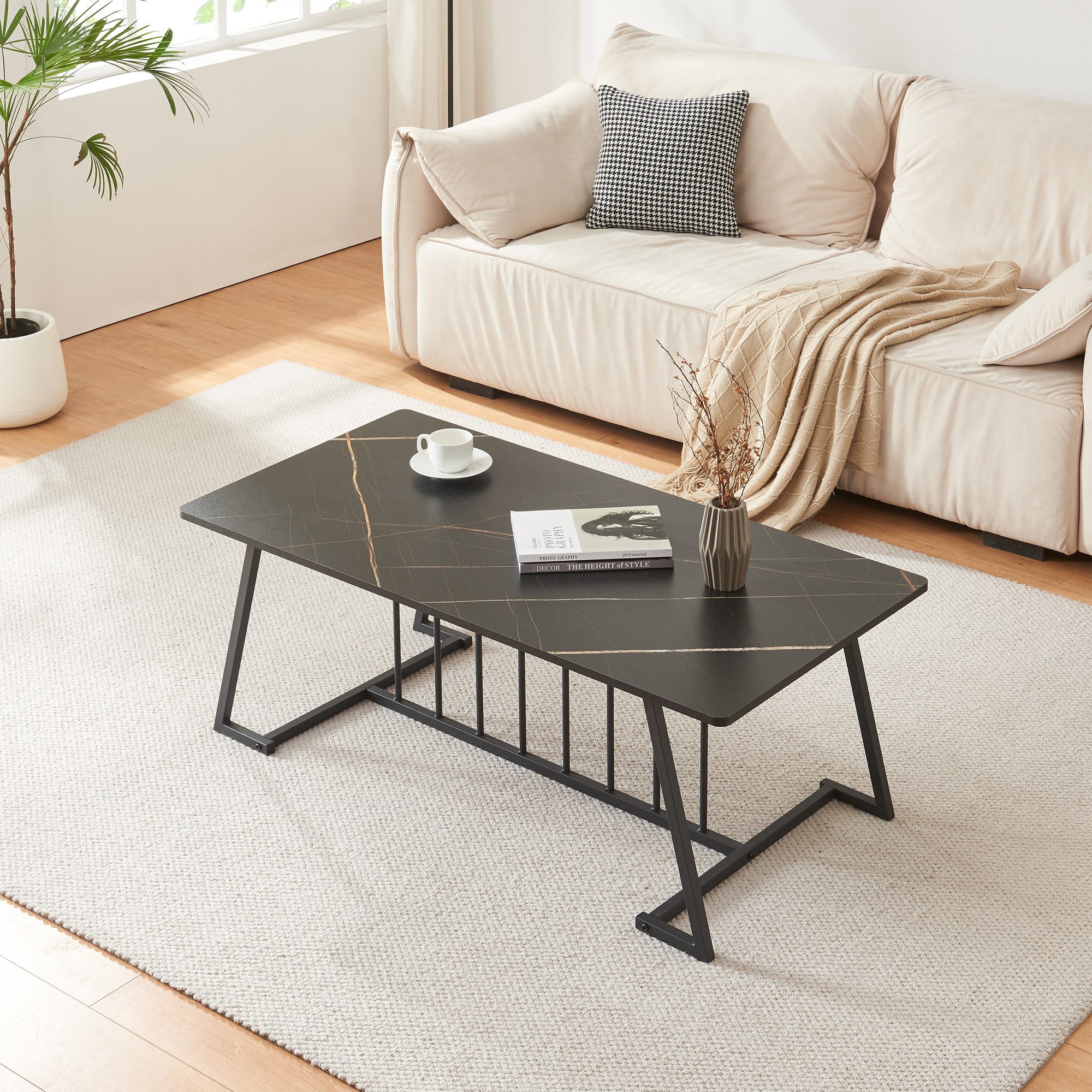 en.casa Couchtisch, »Nospoo« mit Metallgestell 120 x 60 x 46 cm Marmoroptik, schwarz