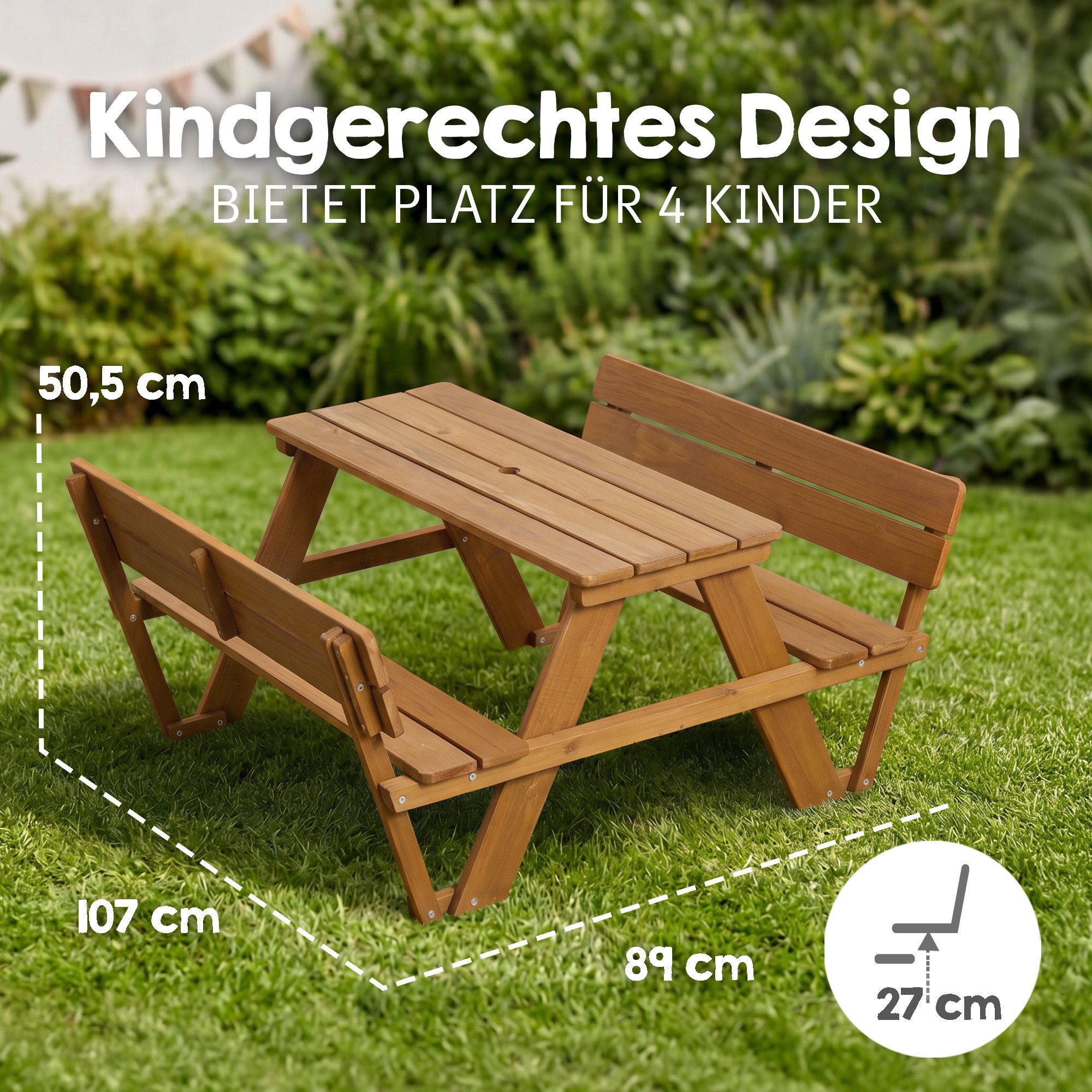 roba® Garten-Kindersitzgruppe Outdoor+, mit 2 Bänken, 1 Tisch "Picknick for 4", aus Massivholz, wetterfest