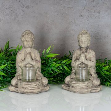 Levandeo® Teelichthalter, Teelichthalter Buddha Figur Keramik 19cm hoch Grau Tischdeko