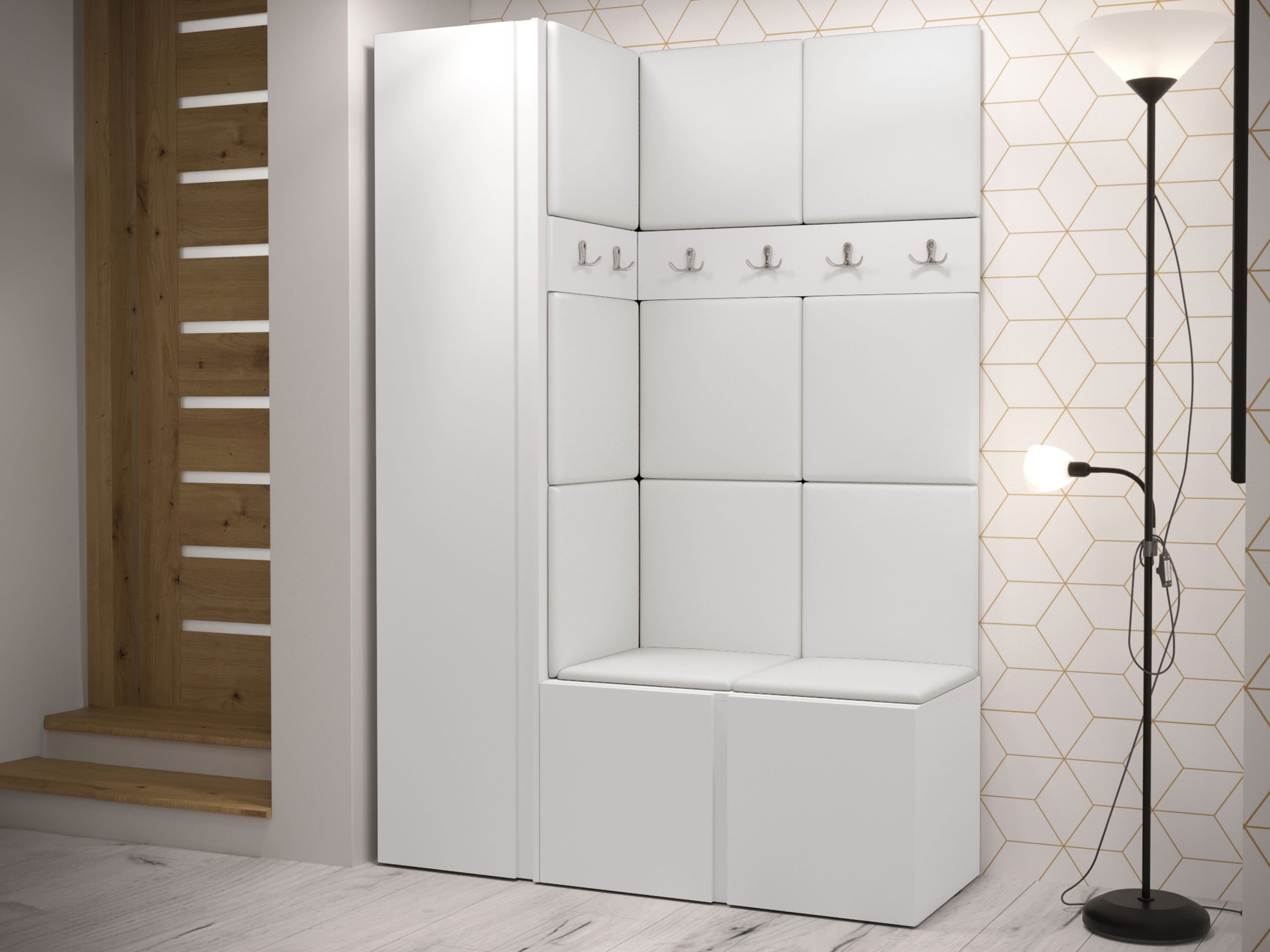 MIRJAN24 Garderoben-Set Orion IX, (Komplett-Set, mit Schuhschrank, Schrank, 2x Kleiderhakenbrett, Paneel 11x 42x42), Auswahl aus Fronten und Polsterplatten