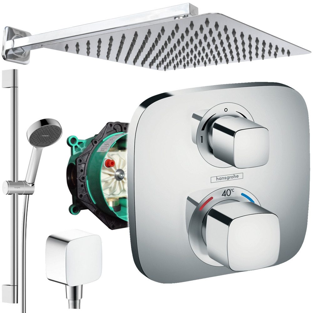 Hansgrohe und Jowi Duscharmatur Ecostat E Thermostat, Unterputz Duschsystem mit Kopfbrause (Unterputz-Duschsystem, Set) Thermostat, mit Brausestange, 650mm