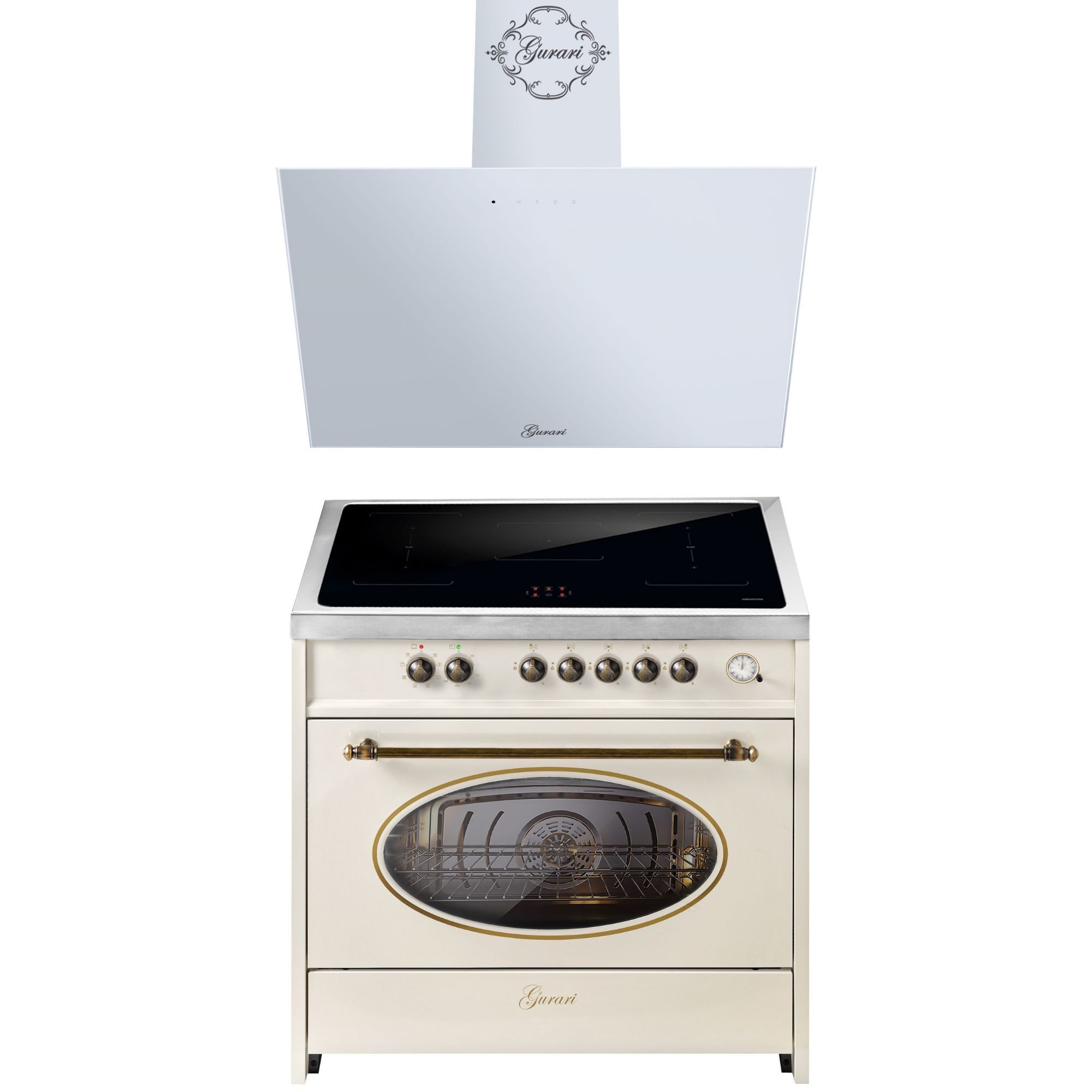GURARI Induktions Herd-Set Retro Range Cooker 90 cm, FLEX ZONEN, Booster, 5 Zonen, 121L+Dunstabzugshaube 1000 m³/h, TouchControl, kopffreihaube, 90 cm E 913 RU CR+GCH 286 WH 90 PRIME N, mit 1-fach-Teleskopauszug