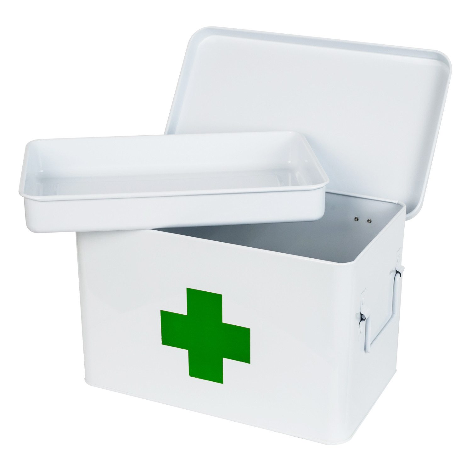 HMF Erste-Hilfe-Koffer Medizinkoffer, Hausapotheke, Medikamentenkoffer aus Metall, mit Tragegriffen, 32,5 x 20,5 x 20 cm, weiß