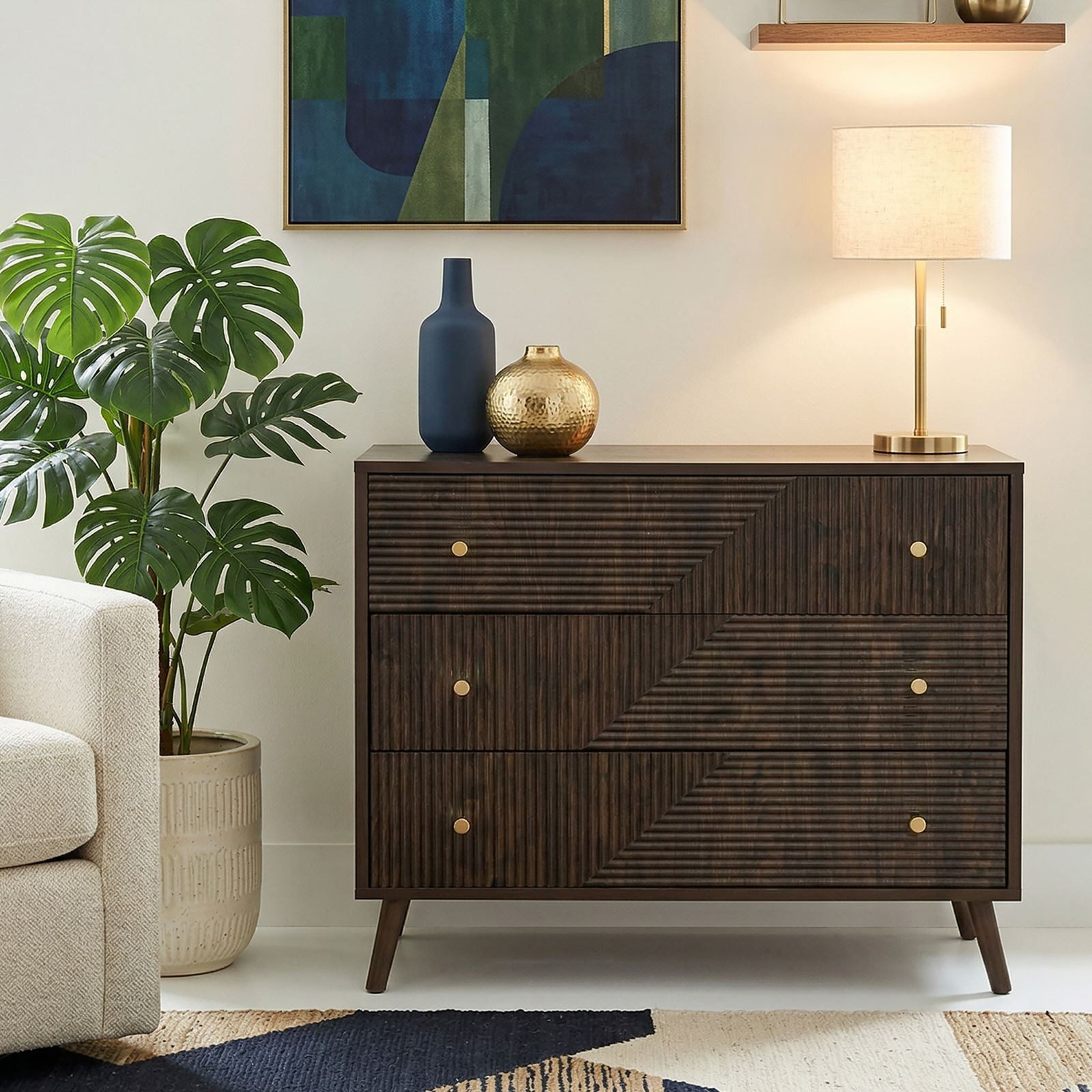 IDIMEX Kommode LIVIA, Schubladenschrank mit 3 Schubladen und Lamellenfront Dunkelbraun