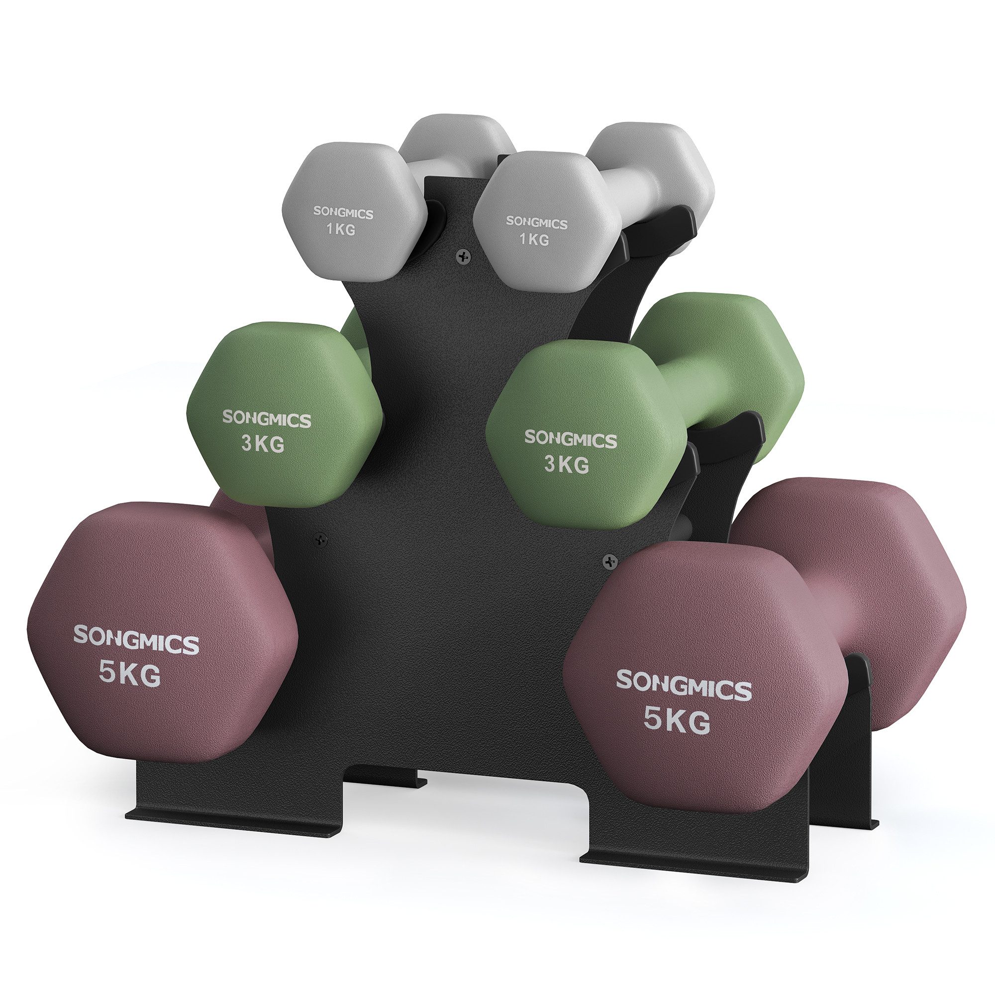 SONGMICS Kurzhantel Set, Hexagon, 2 x 1 kg, 2 x 3 kg, 2 x 5 kg, Krafttraining, zu Hause, mattes Finish, Neopren-Beschichtung, hellgrau, efeugrün, weinrot