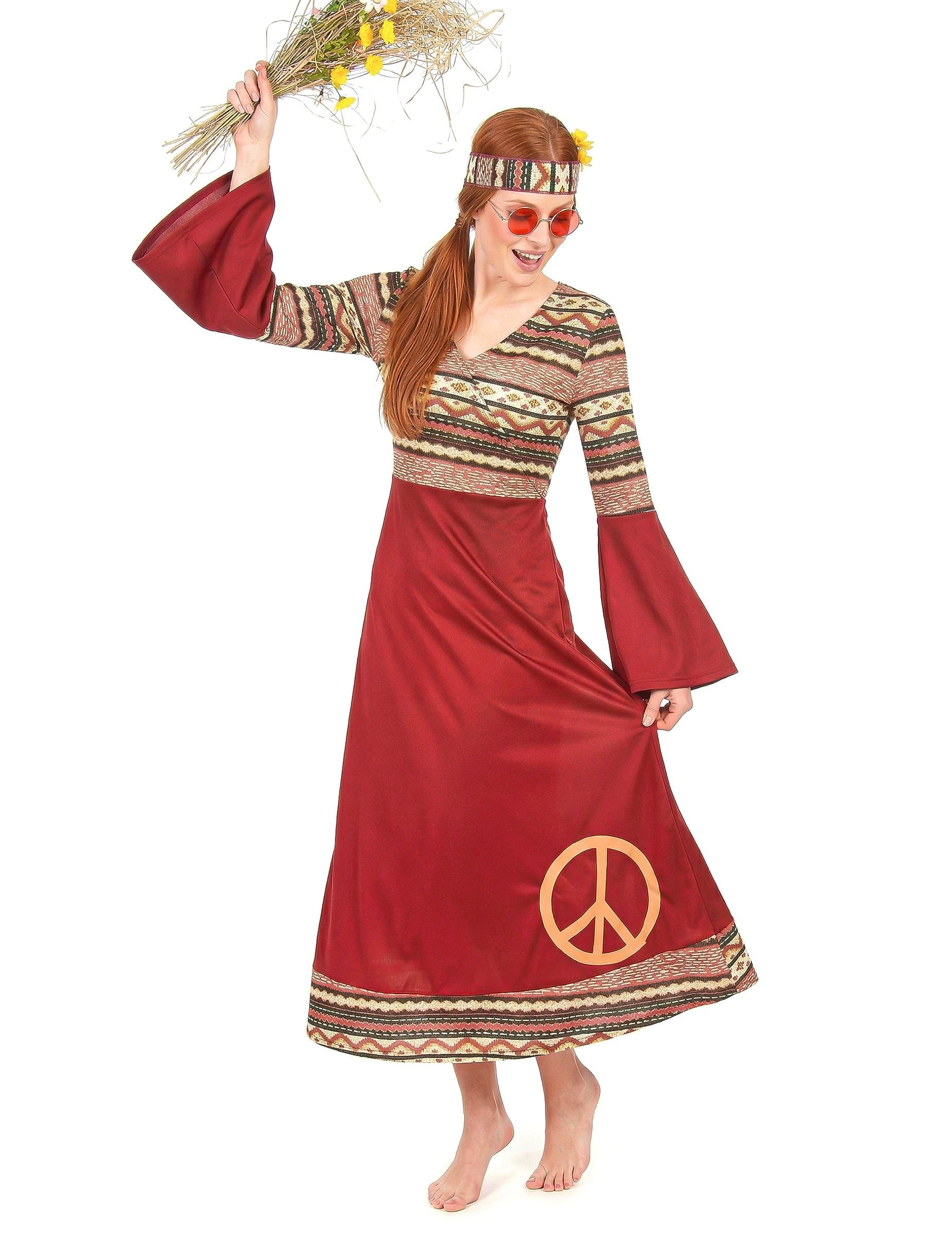 JADEO Kostüm Hippiekleid 60er Retro Damenkostüm bordeaux-bunt