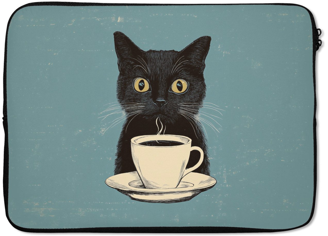 MuchoWow Laptop-Hülle Katze - Schwarz - Kaffee - Minimalistisch 14 Zoll, Schutzhülle für Laptop, Schutz gegen Kratzern, Laptoptasche