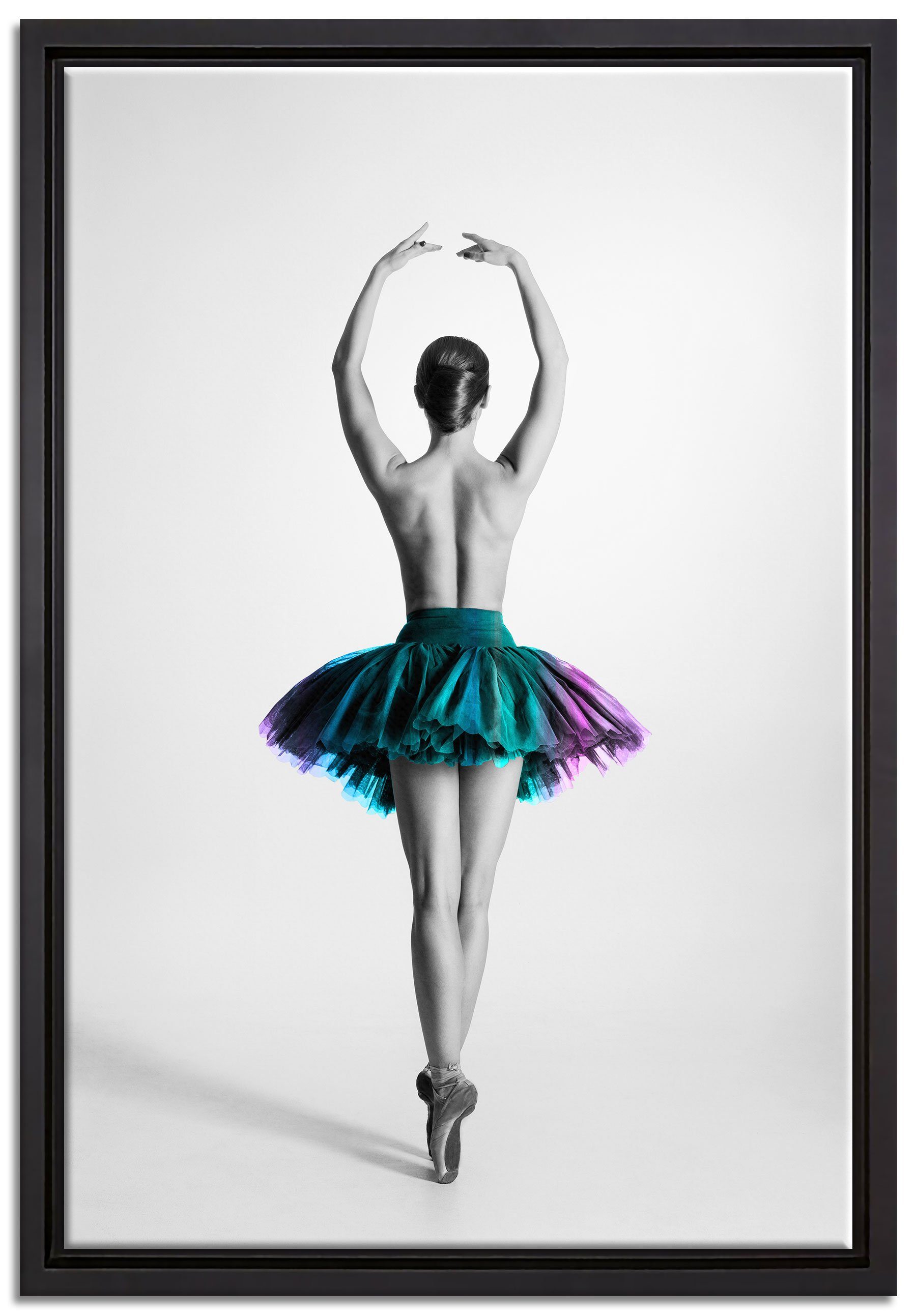 Pixxprint Leinwandbild anmutige Ballerina im Tütü, Wanddekoration (1 St), Leinwandbild fertig bespannt, in einem Schattenfugen-Bilderrahmen gefasst, inkl. Zackenaufhänger