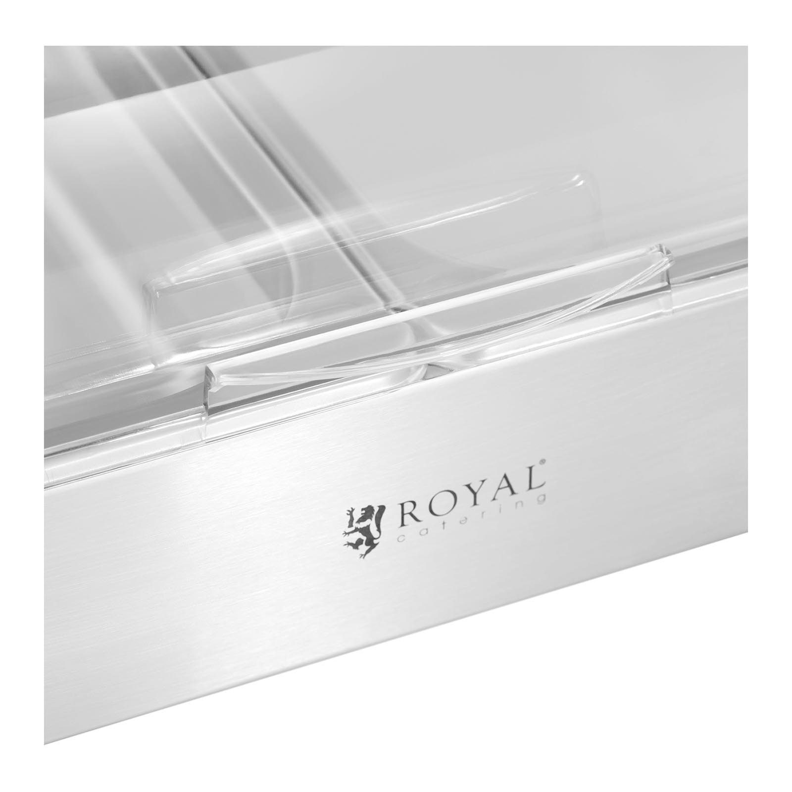 Royal Catering Buffet-Vitrine Buffetvitrine / x 335, Servierplatte 4 (Polycarbonat) mit L Deckel 535 Buffetplatte Kunststoff Edelstahl 2 x