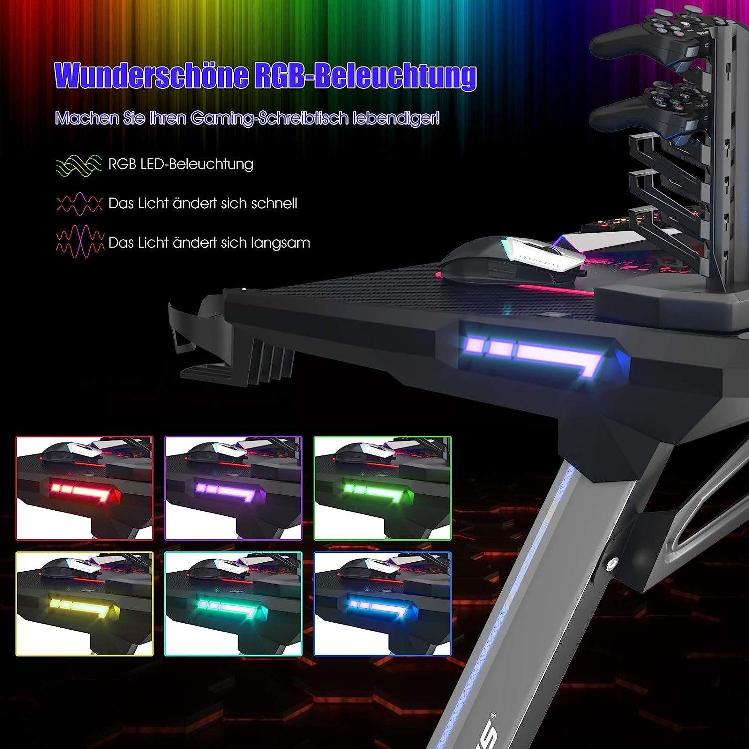 Computertisch, zu 150kg, Beleuchtung Halter, RGB Gamepad 120x64x75cm KOMFOTTEU bis &