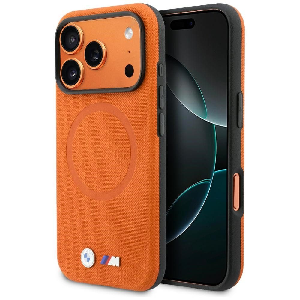 BMW Handyhülle iPhone 17 Pro MagSafe Kunstleder orange Logo Metall 6,3 Zoll, Kantenschutz