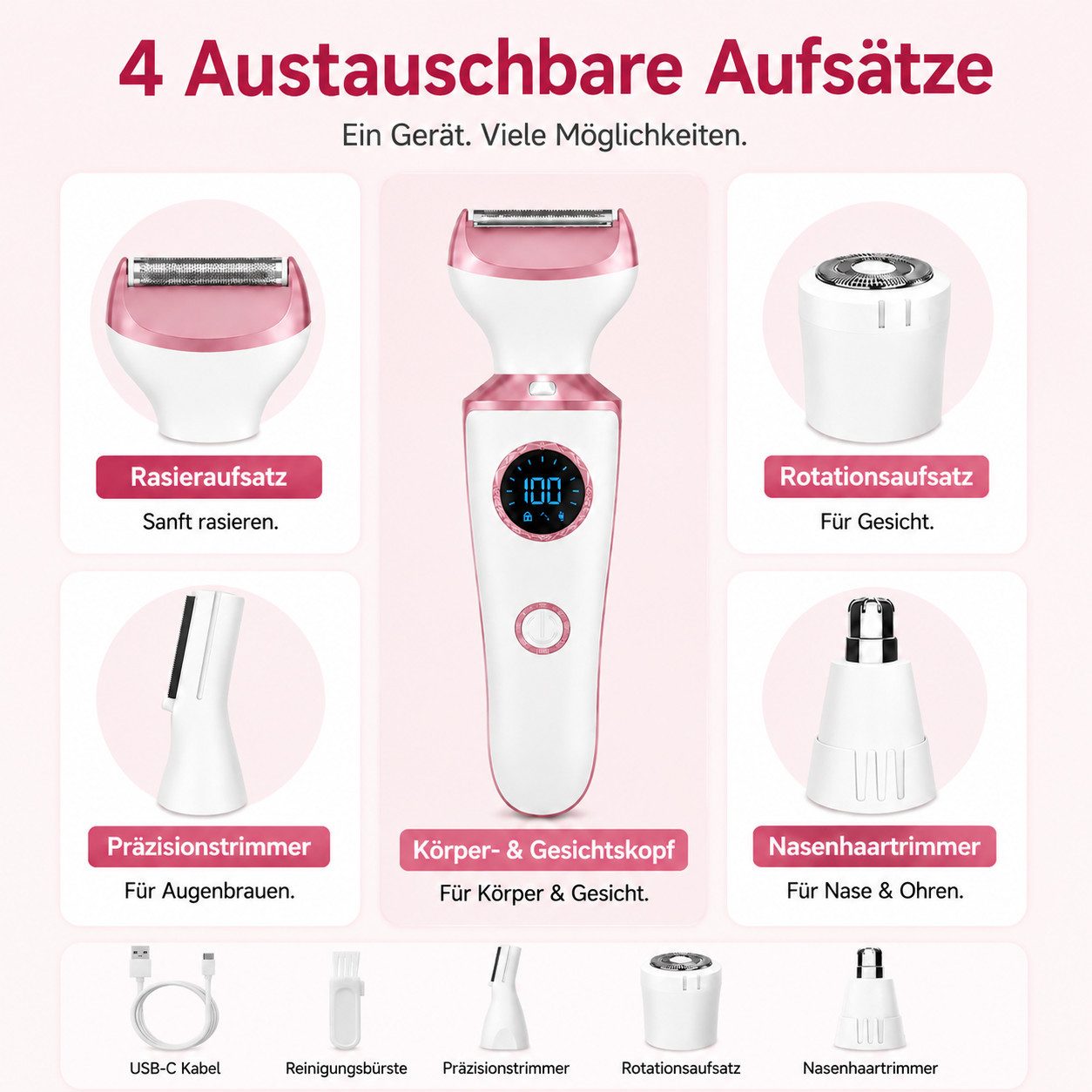 XEOOCE Epilierer Damenrasierer, 4-in-1, Elektrisch, USB-C, Körper & Gesicht, Trimmer, Aufsätze: 4 St., Haarentferner + 4 Aufsätze + Typ-C-Kabel + Anleitung, 4-in-1, wasserdicht, Nass-/Trockenrasur, Typ-C-Ladung, LED-Display