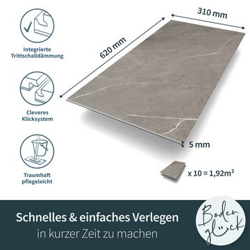 Bodenglück Vinylboden Stein "Edewecht", Klick Vinyl in Fliesenoptik mit Trittschalldämmung, 620 x 310 x 5 mm, Paketpreis für 1,92 m², Fußbodenheizung geeignet, wasserfest, V-Fuge