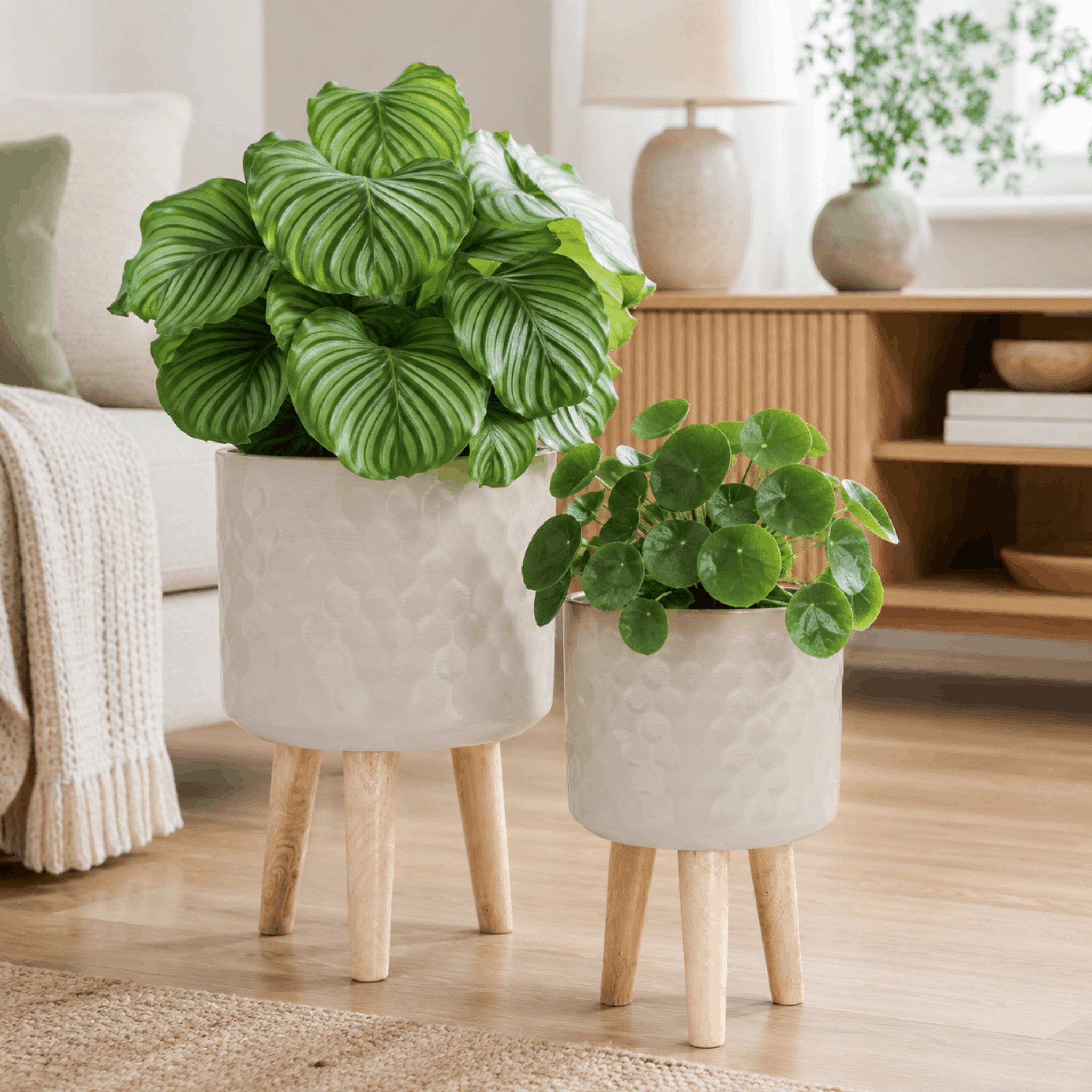 matches21 HOME & HOBBY Blumentopf Blumentöpfe 2er Set Beige Ø 24,5 x 42 cm & 28 x 43 cm mit Füßen (2 St), Übertöpfe aus Metall mit Holz Beinen