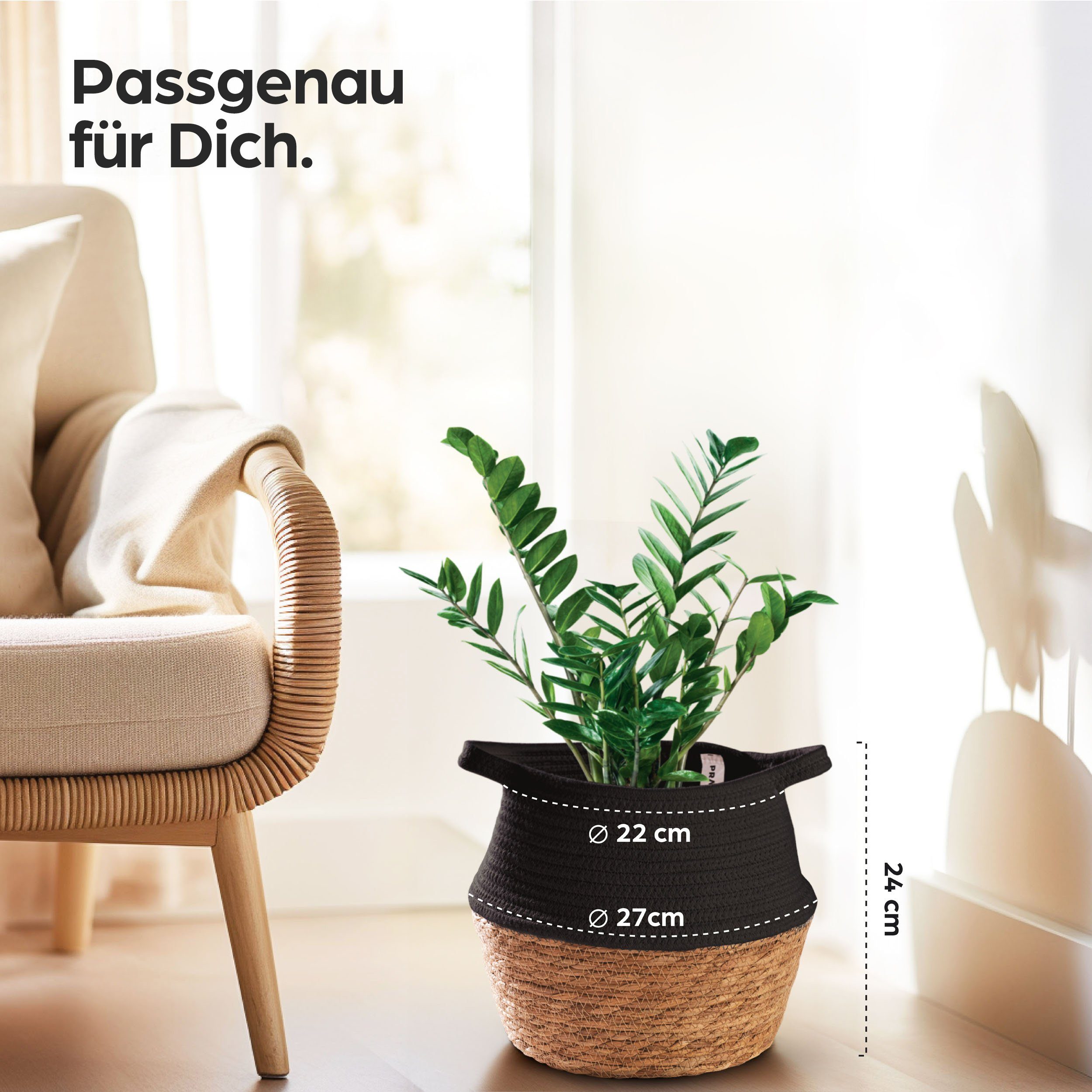 Praknu Aufbewahrungskorb Blumentopf aus nachhaltigem Seegras und Baumwolle - Mittelgroß - Für (1 St), Dekokorb für Zimmerpflanzen - Blumentopf aus Seegras und Baumwolle