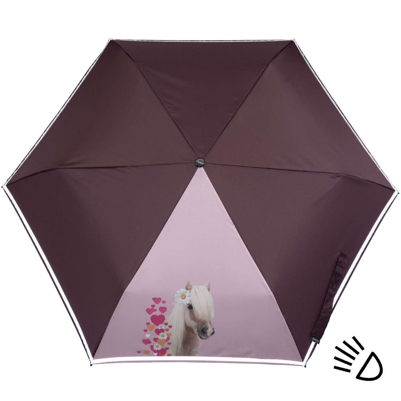 Knirps® Taschenregenschirm dem 4Kids Reflexborte, mit Horselove auf Sicherheit Pferde, reflective Schulweg, Kinderschirm