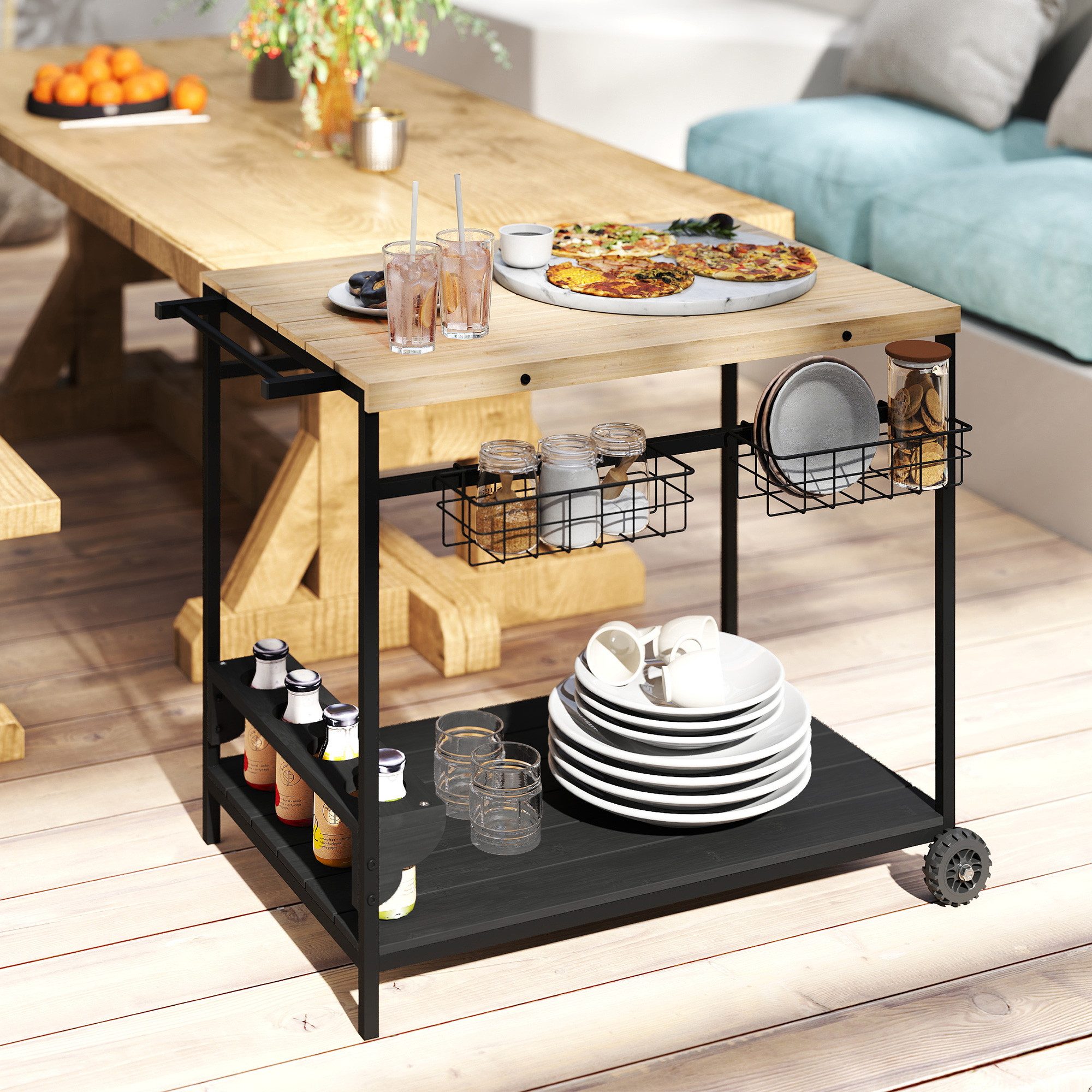 Outsunny Servierwagen Gartenrollwagen mit 2 Ebenen Aufbewahrungskorb Barbecue Trolley, (Barbecue Trolley, 1 St., Outdoor Küchenwagen), für Balkon, Tanne, Natur, 97,5 x 65 x 81 cm