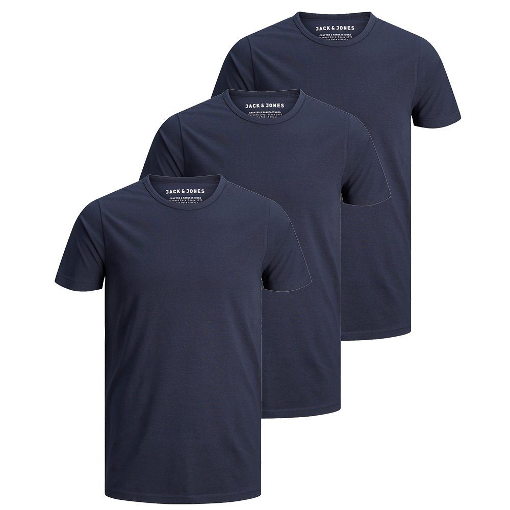 Pack 3er Baumwolle (Blau) Basic Jack Rundhals Pack Jones 3er Blue Navy Herren T-Shirt O-Neck & Lycra T-Shirt Regular