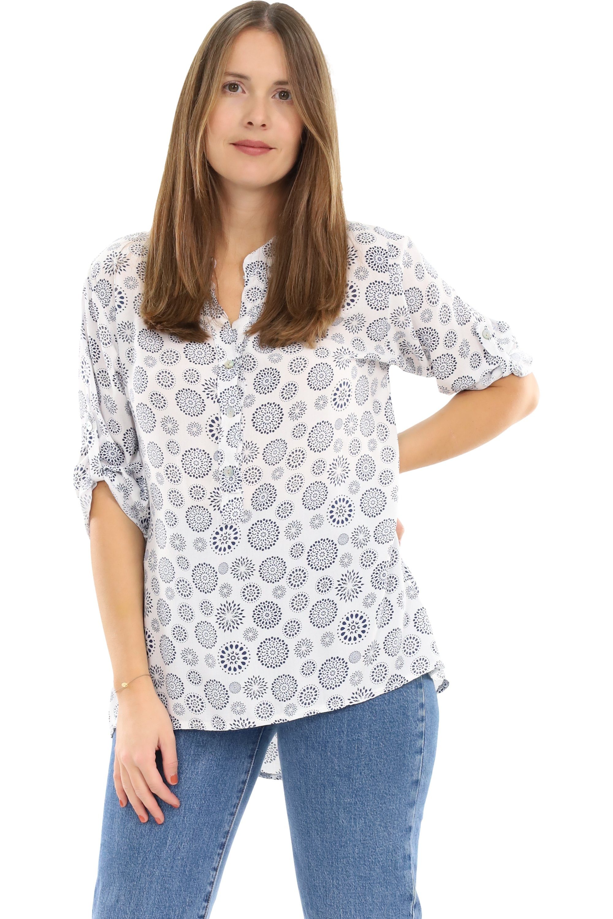 malito more than fashion Schlupfbluse 6703 Bluse mit Kreis Blumen Print 3/4 Ärmeln Einheitsgröße weiß