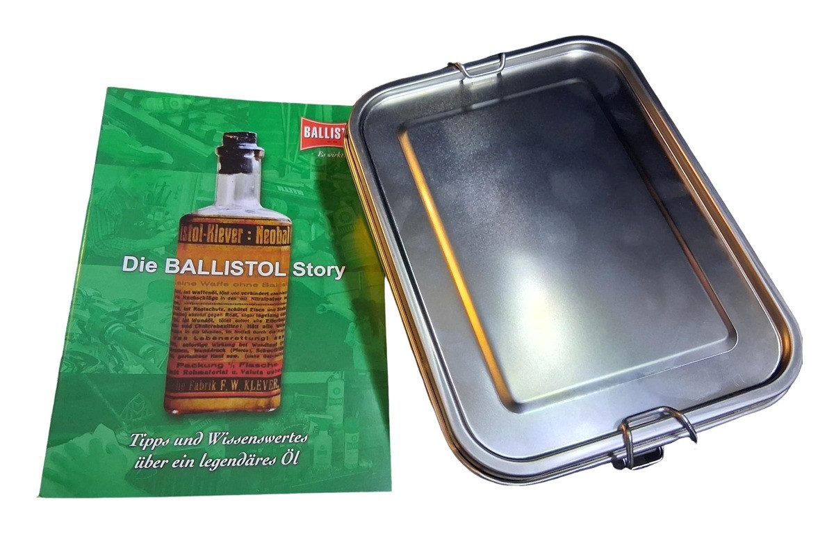 MATEC Germany Ersatzteile Geschenkbox Ballistol Nostalgieflasche – Öl-Geschenkset in Edelstahl-Brotdose, Nostalgieflasche, Sprays und Edelstahl-Brotdose
