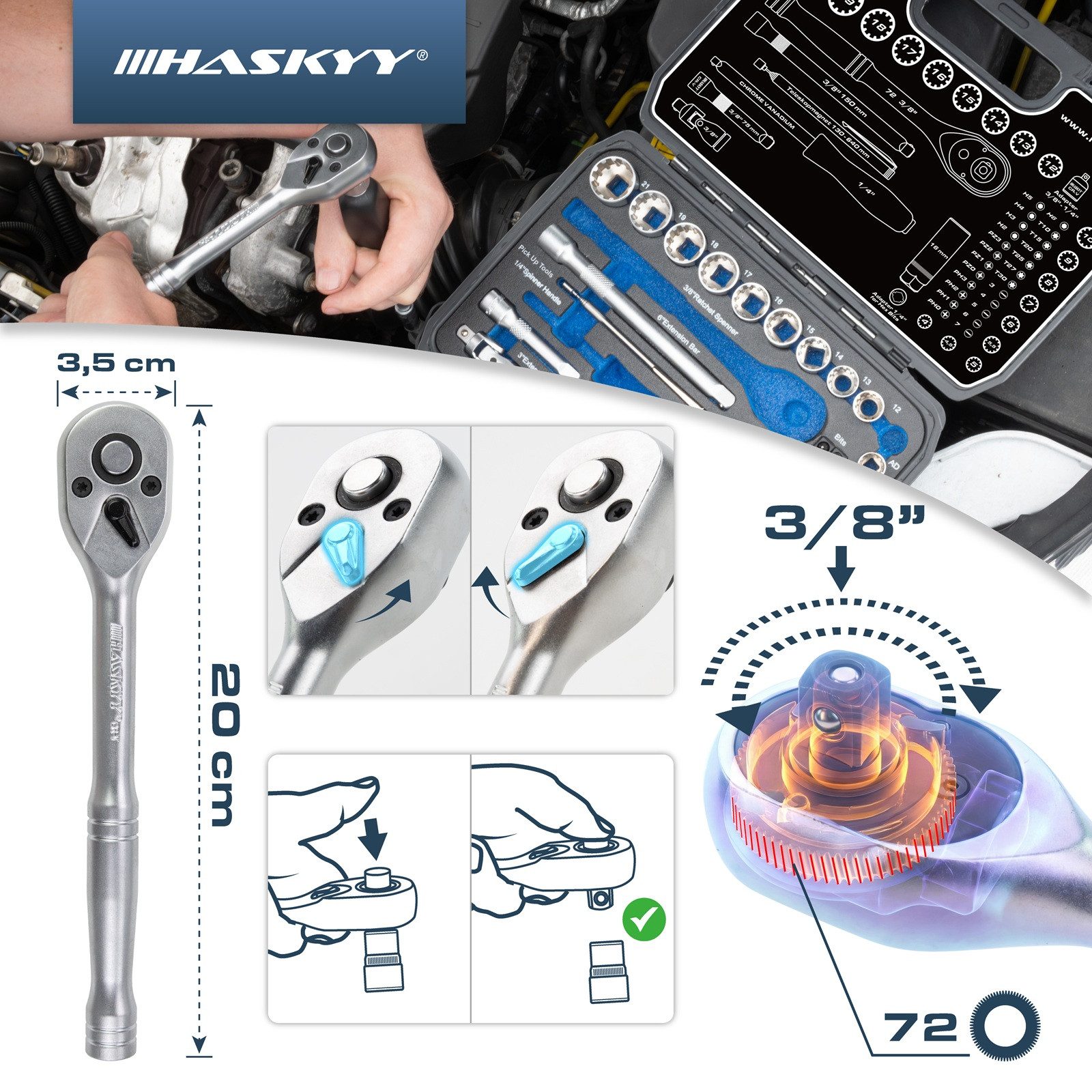 HASKYY Steckschlüssel HASKYY Steckschlüsselsatz 3/8" 1/4" mit Ratsche, Bits und Stecknüssen – Bild 3 von 5