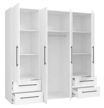 FORTE Drehtürenschrank MOKKARIS, Weiß matt, 4 Türen, 4 Schubladen, 5 Einlegeböden, 2 Kleiderstangen, B 206 x H 200 x T 59 cm